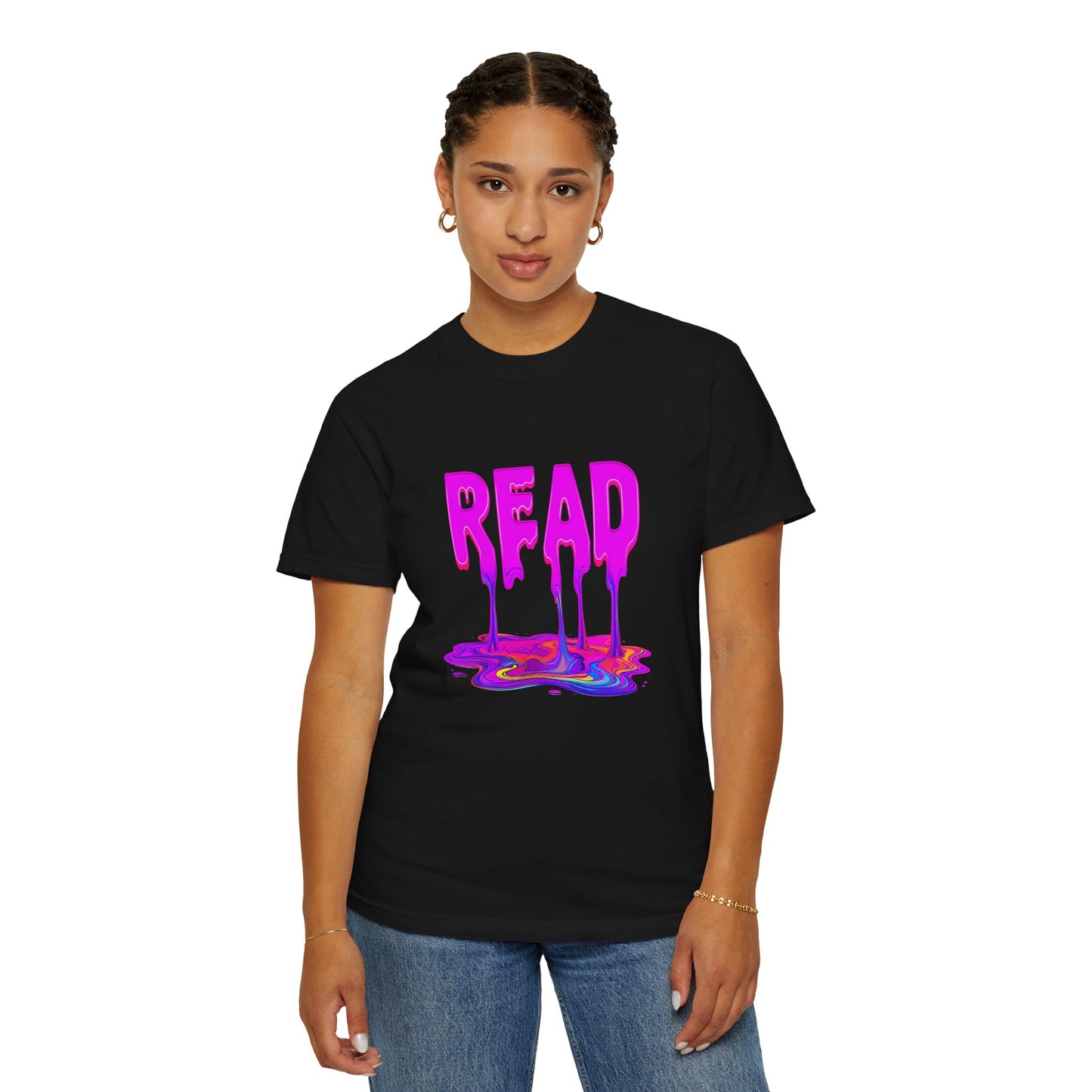 "READ" Dripping Graphic T-Shirt — Psychedelic Melting Book Design