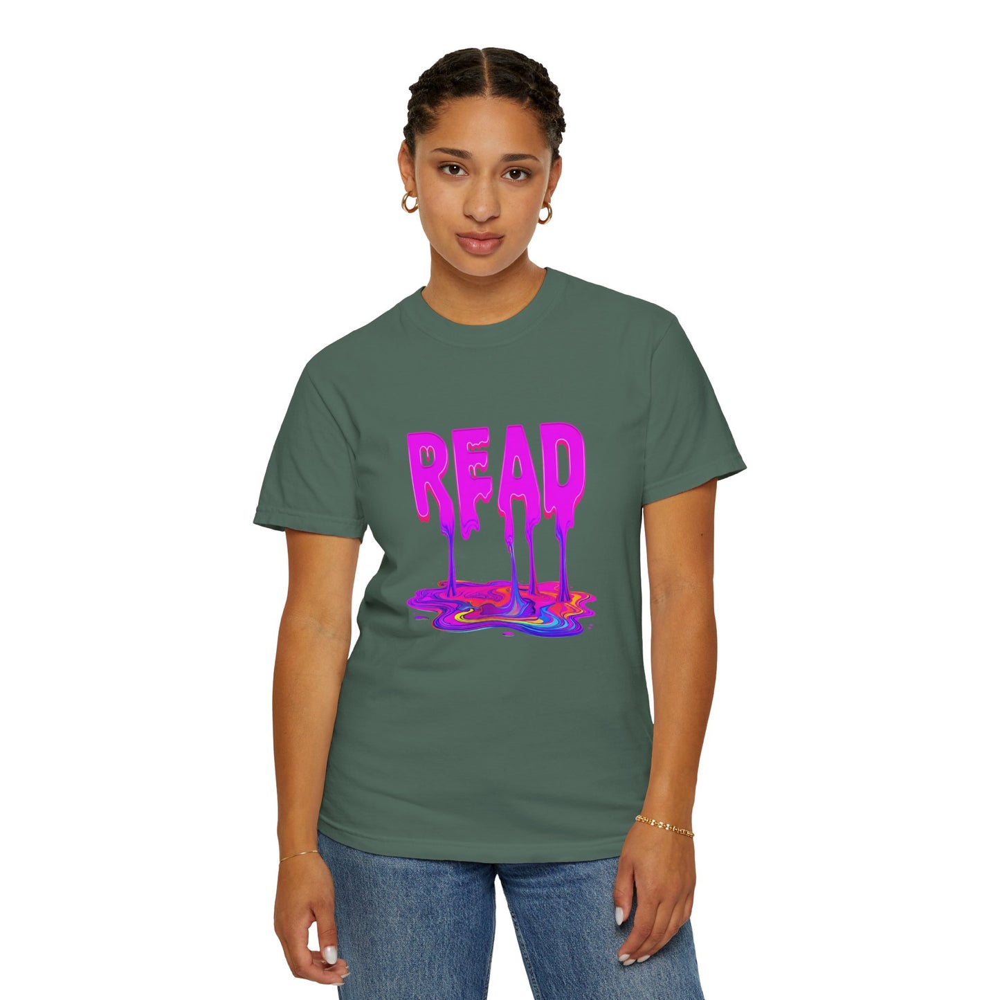 "READ" Dripping Graphic T-Shirt — Psychedelic Melting Book Design