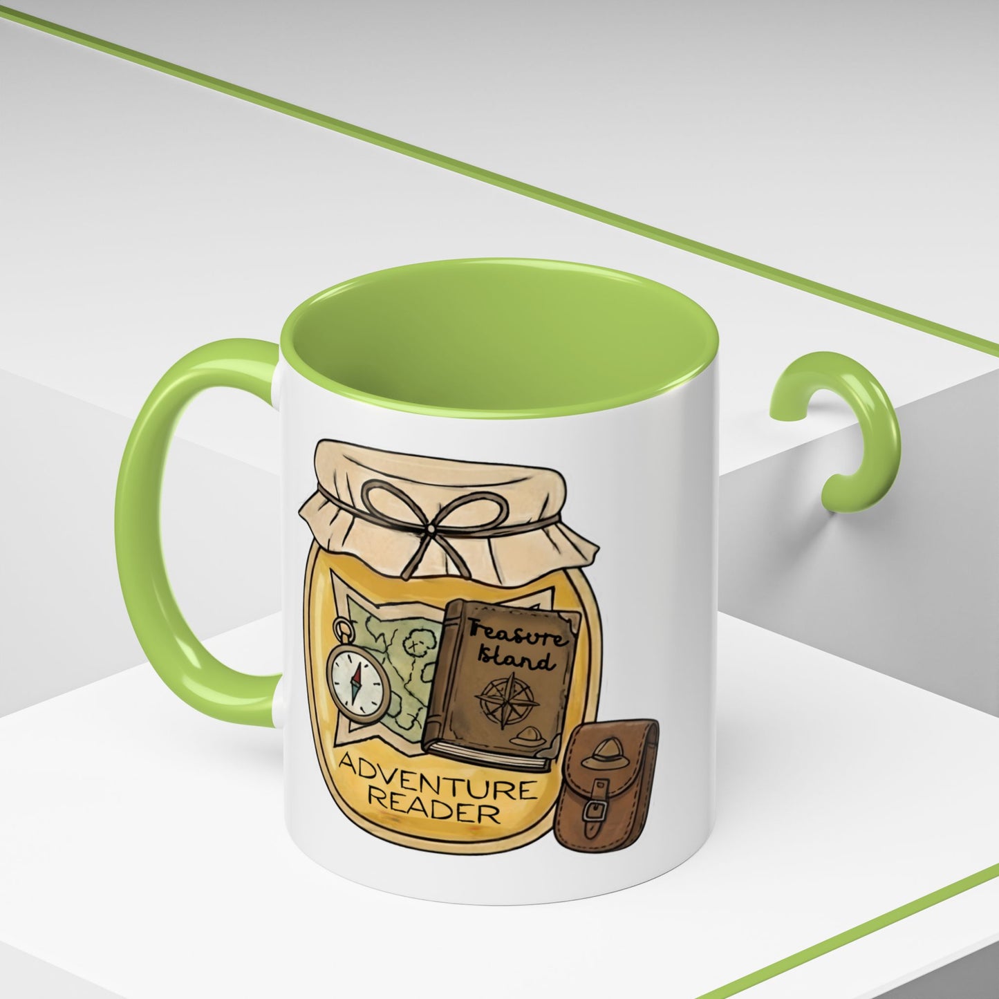 "Adventure Reader" Accent Coffee Mug — Bookish Travel Compass & Treasure Jam Jar Design