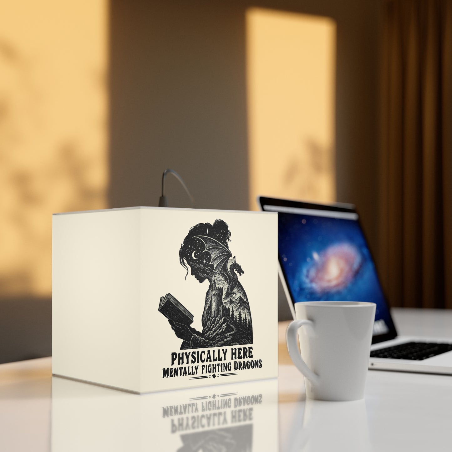 Light Cube Lamp — 'Physically Here, Mentally Fighting Dragons' Reading Cube Lamp