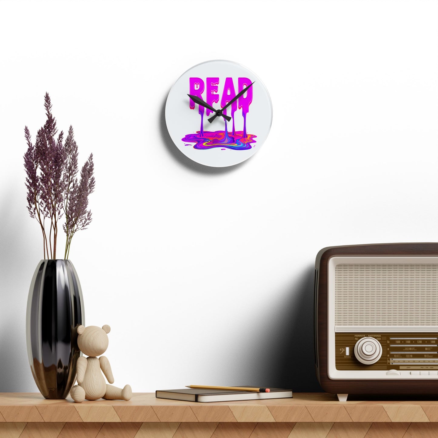 Acrylic Wall Clock — "READ" Drippy Neon Melt Art Clock for Book Lovers