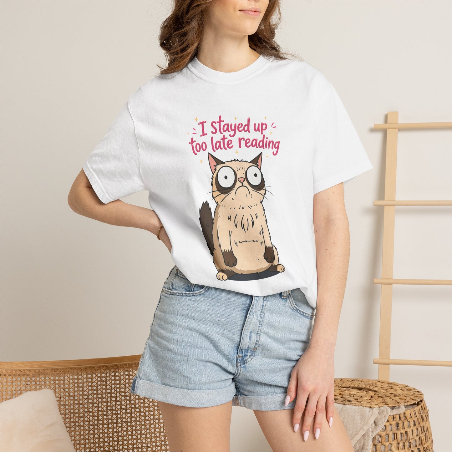 "I Stayed Up Too Late Reading" Cat T-Shirt — Cute Book Lover Graphic Tee