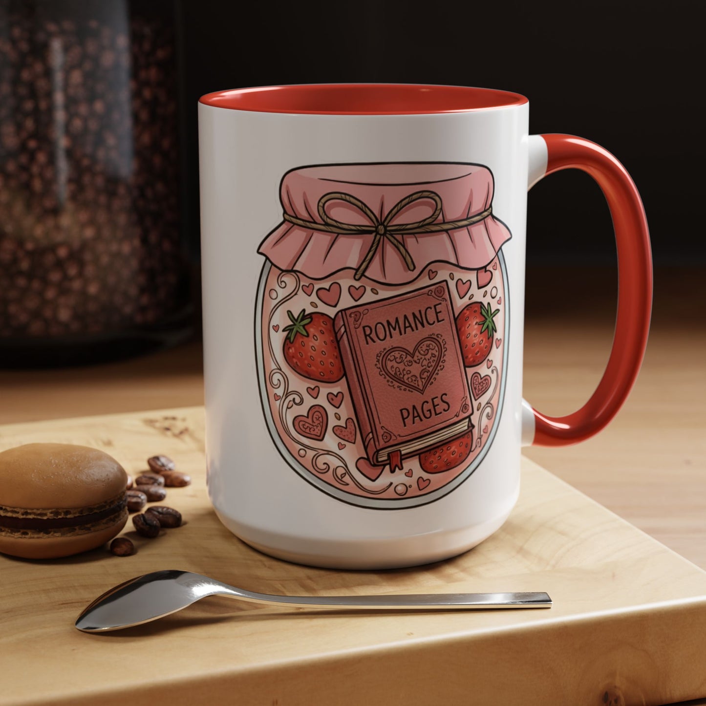 "Romance Pages" Jam Jar Coffee Mug — Cute Strawberry Jam Romance Readers Mug (11/15oz)