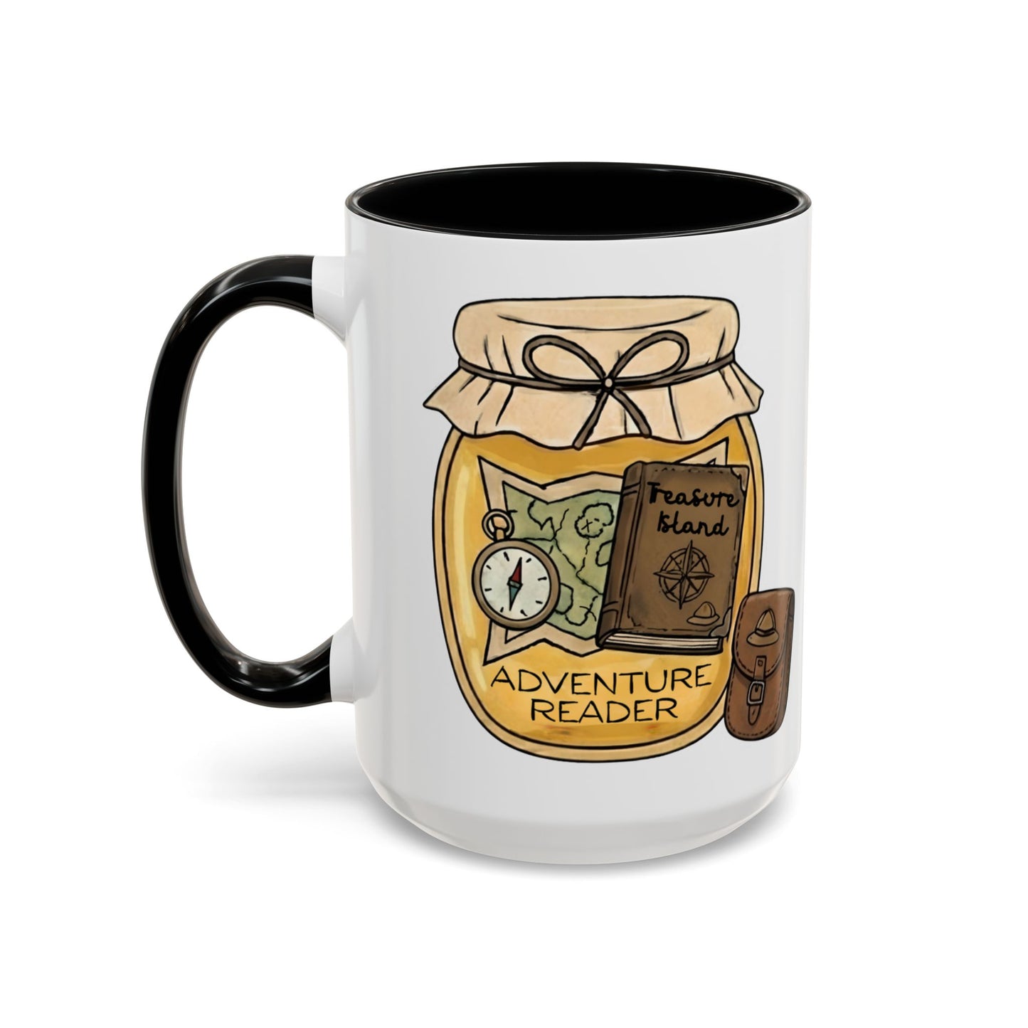 "Adventure Reader" Accent Coffee Mug — Bookish Travel Compass & Treasure Jam Jar Design