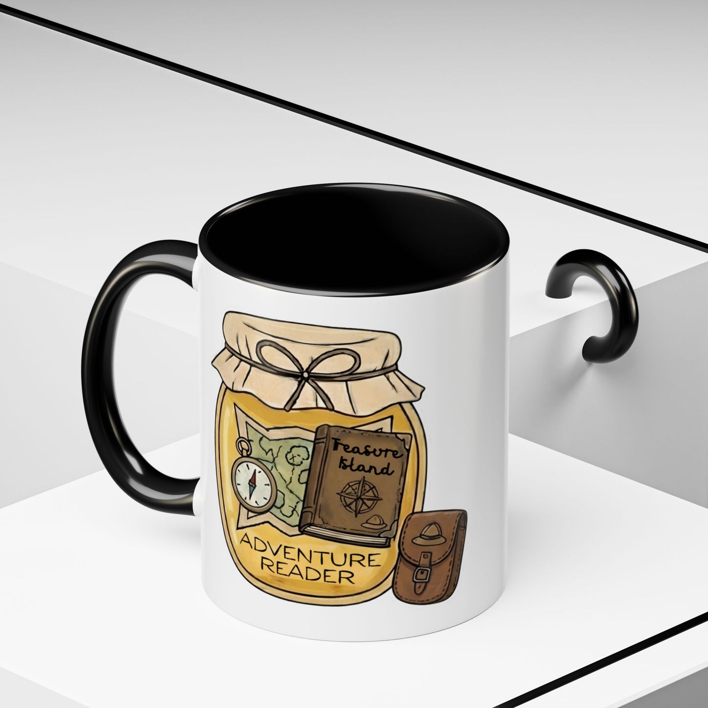 "Adventure Reader" Accent Coffee Mug — Bookish Travel Compass & Treasure Jam Jar Design