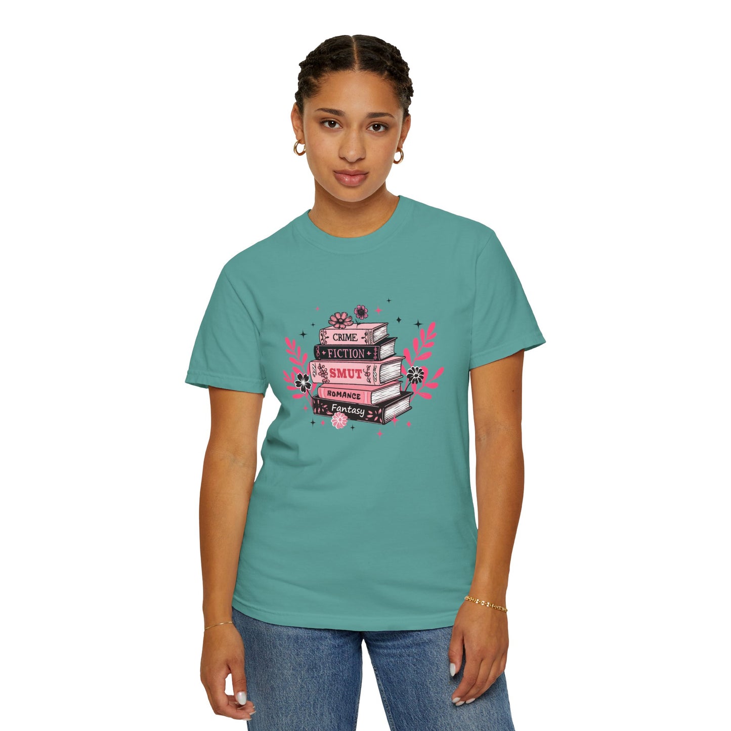 Book Stack Graphic T-Shirt — Cute Floral Reading Shirt (Crime, Fiction, Smut, Romance)