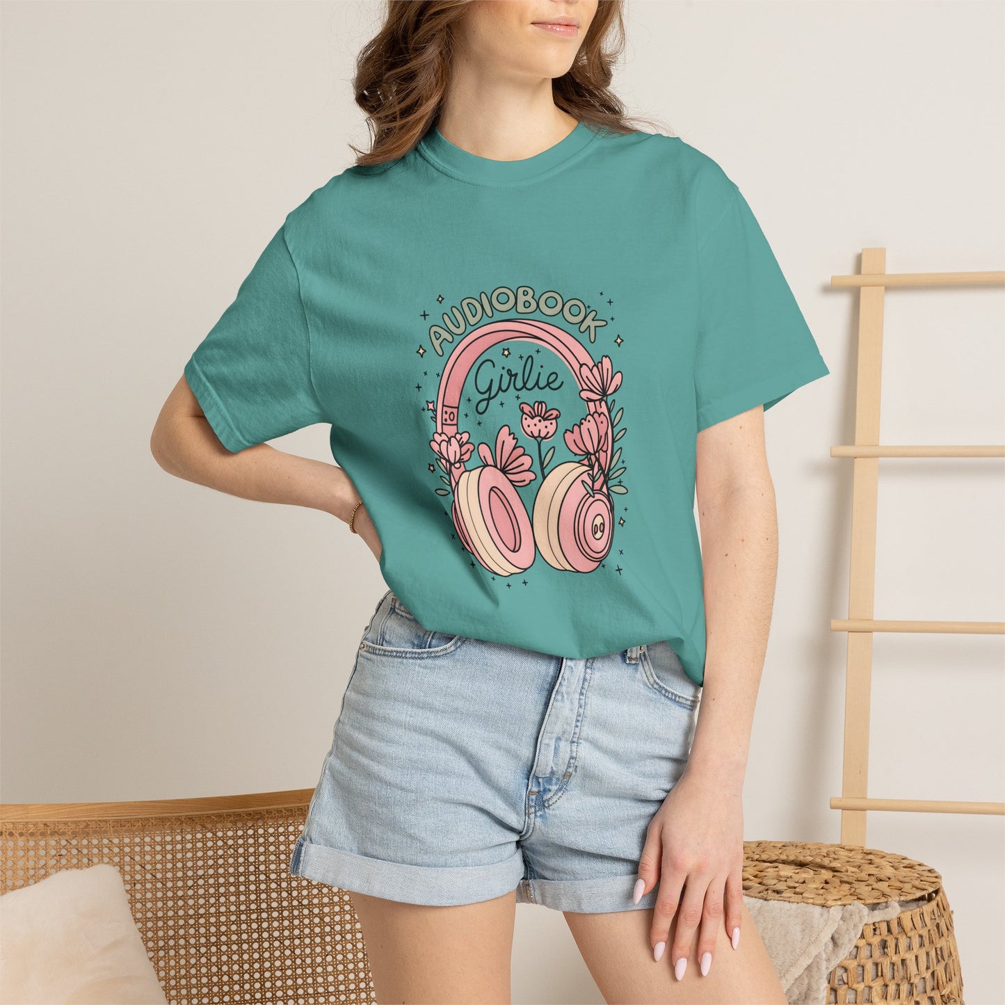 "Audiobook Girlie" T-Shirt — Floral Headphones Graphic Tee