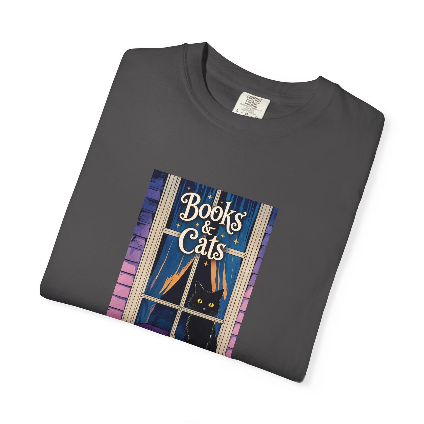 "Books & Cats" T-Shirt — Cozy Bookshop Window Graphic Tee
