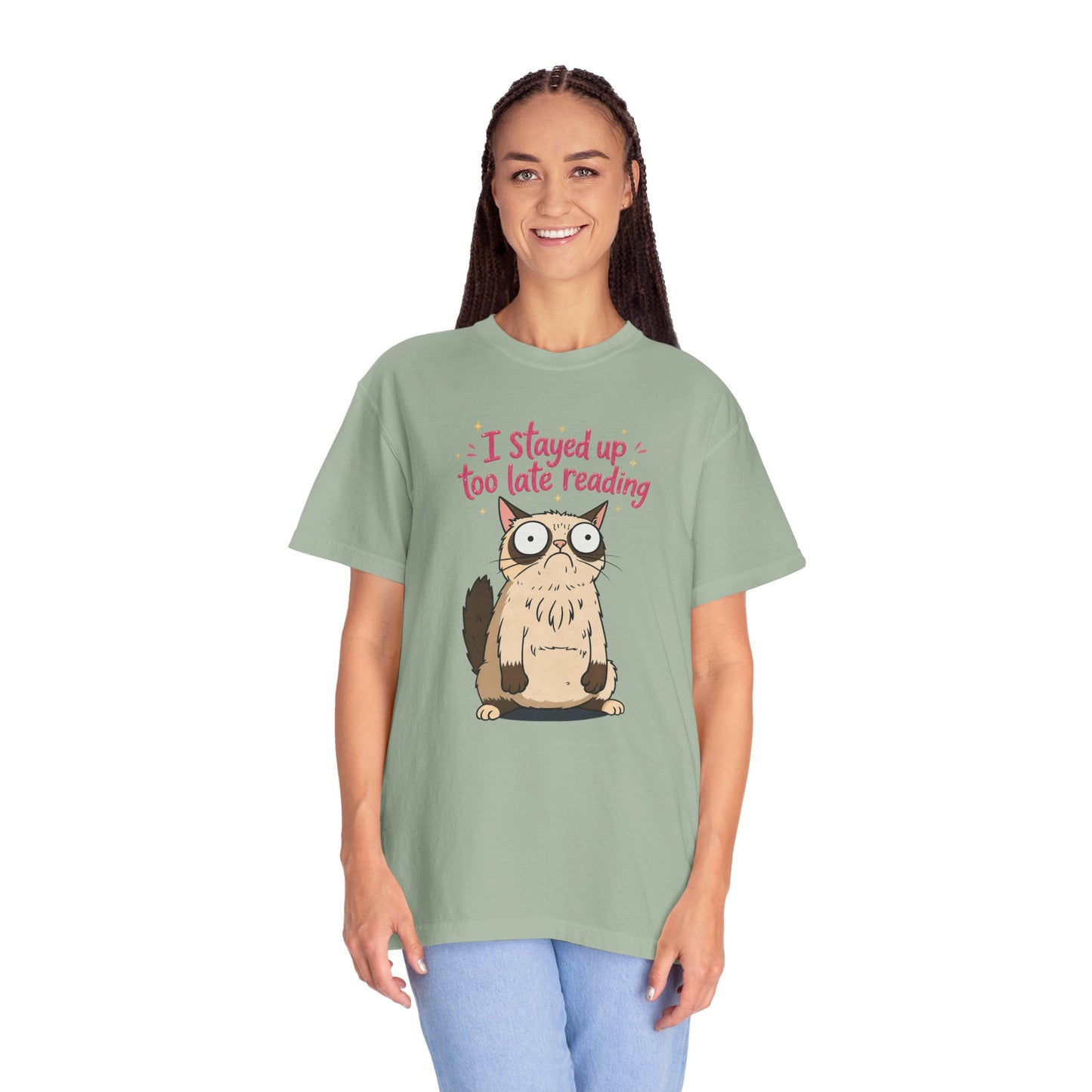 "I Stayed Up Too Late Reading" Cat T-Shirt — Cute Book Lover Graphic Tee