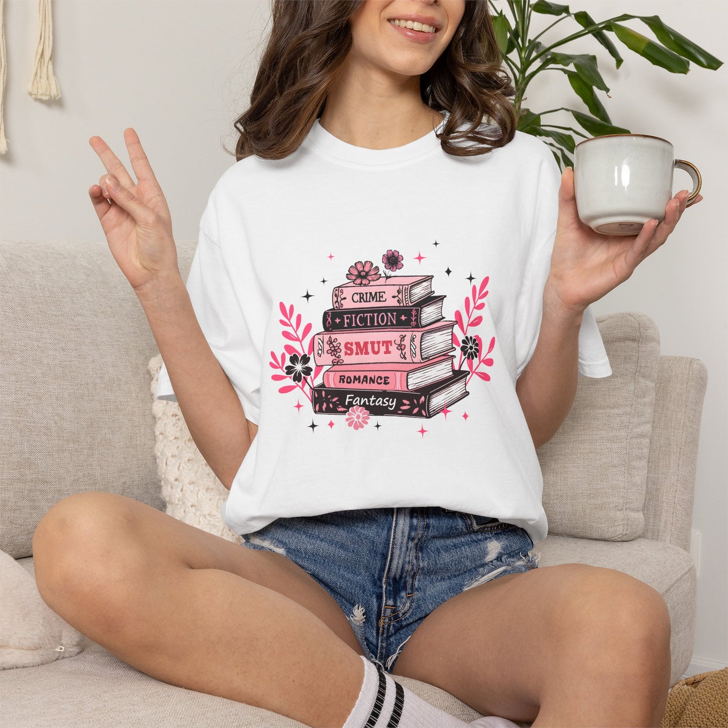 Book Stack Graphic T-Shirt — Cute Floral Reading Shirt (Crime, Fiction, Smut, Romance)