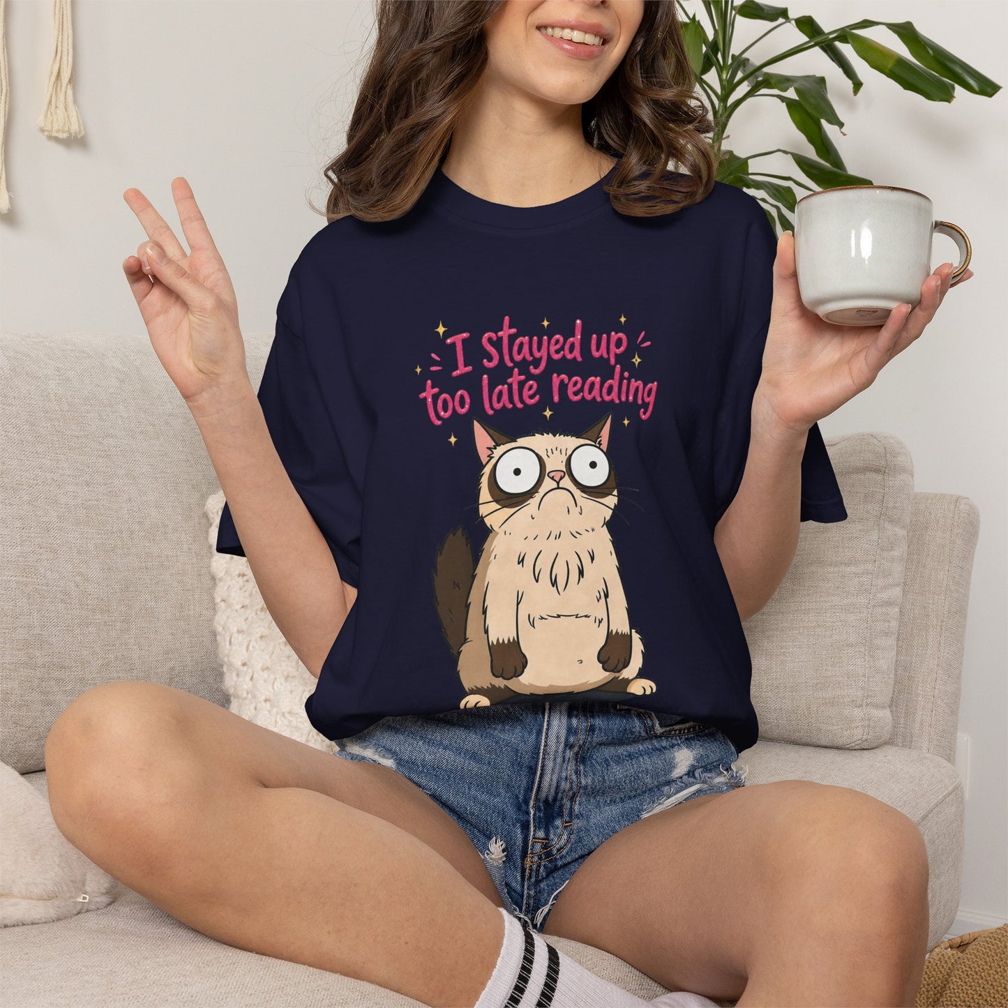 "I Stayed Up Too Late Reading" Cat T-Shirt — Cute Book Lover Graphic Tee
