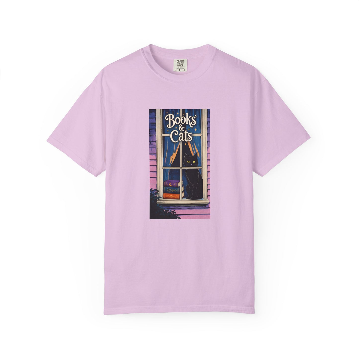 "Books & Cats" T-Shirt — Cozy Bookshop Window Graphic Tee