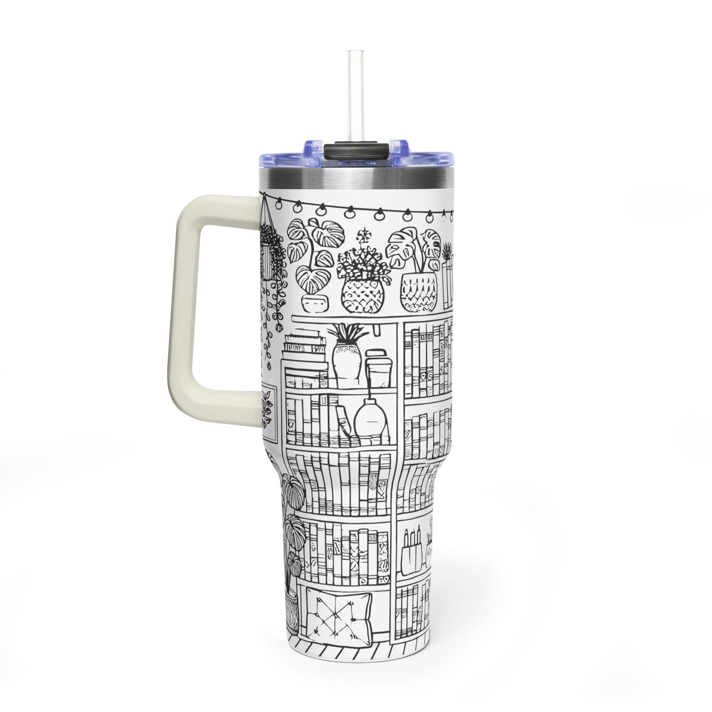 40oz Booklover Vacuum Tumbler – Illustrated Bookshelf Design