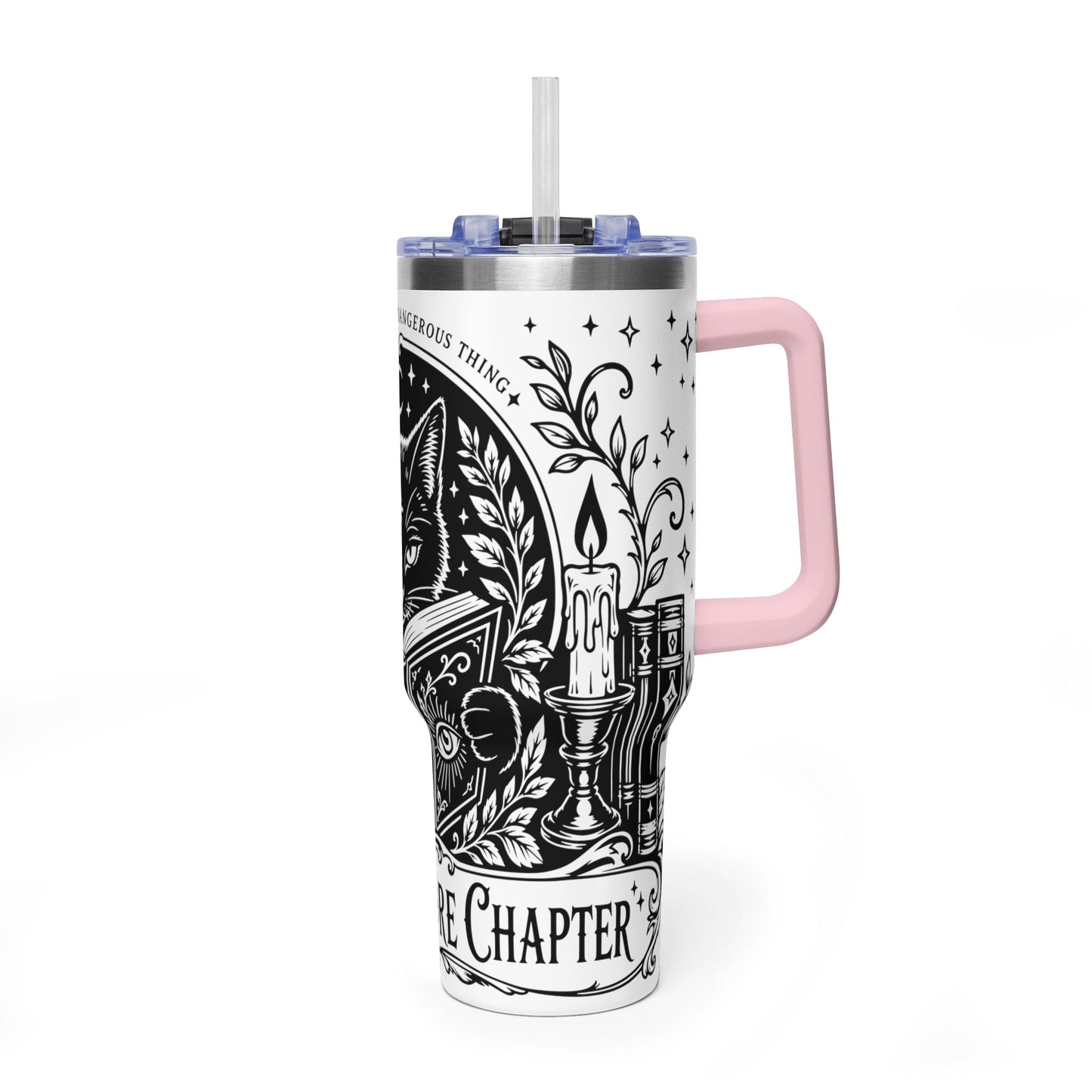 40oz Vacuum Tumbler — Black Cat "Just One More Chapter" Bookish Travel Mug
