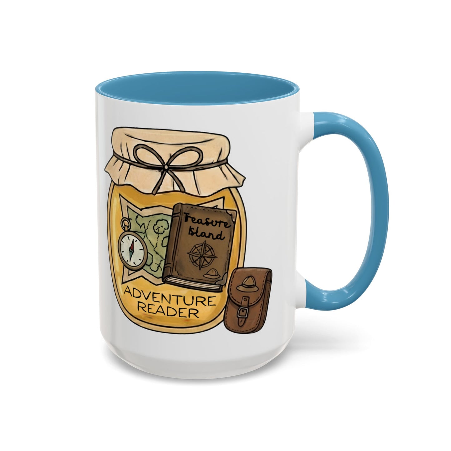 "Adventure Reader" Accent Coffee Mug — Bookish Travel Compass & Treasure Jam Jar Design