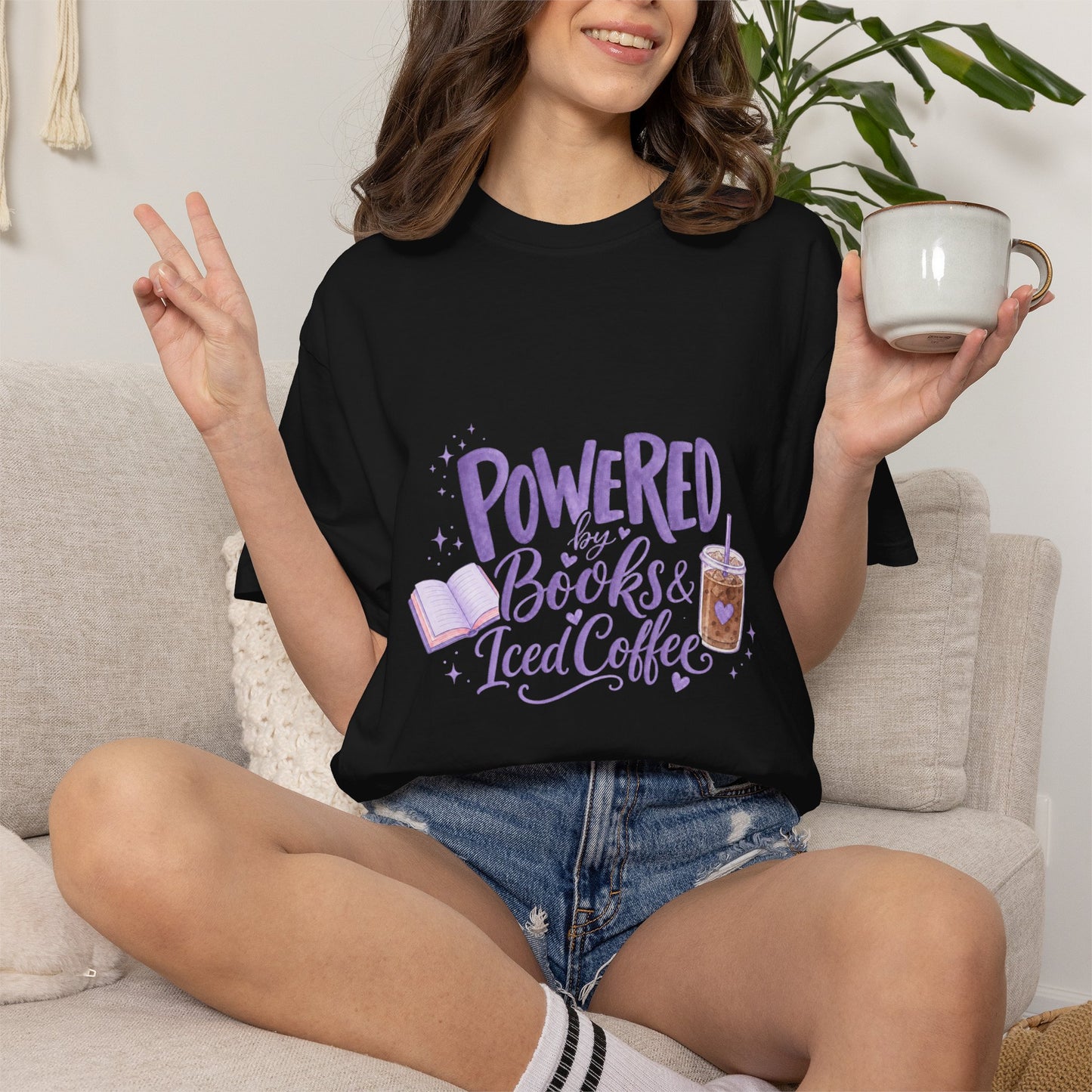 Book Lover T‑Shirt — "Powered by Books & Iced Coffee" Graphic Tee