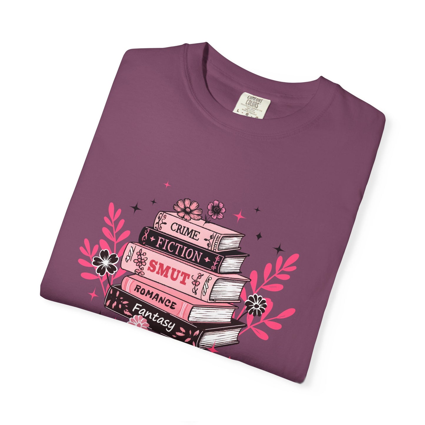 Book Stack Graphic T-Shirt — Cute Floral Reading Shirt (Crime, Fiction, Smut, Romance)