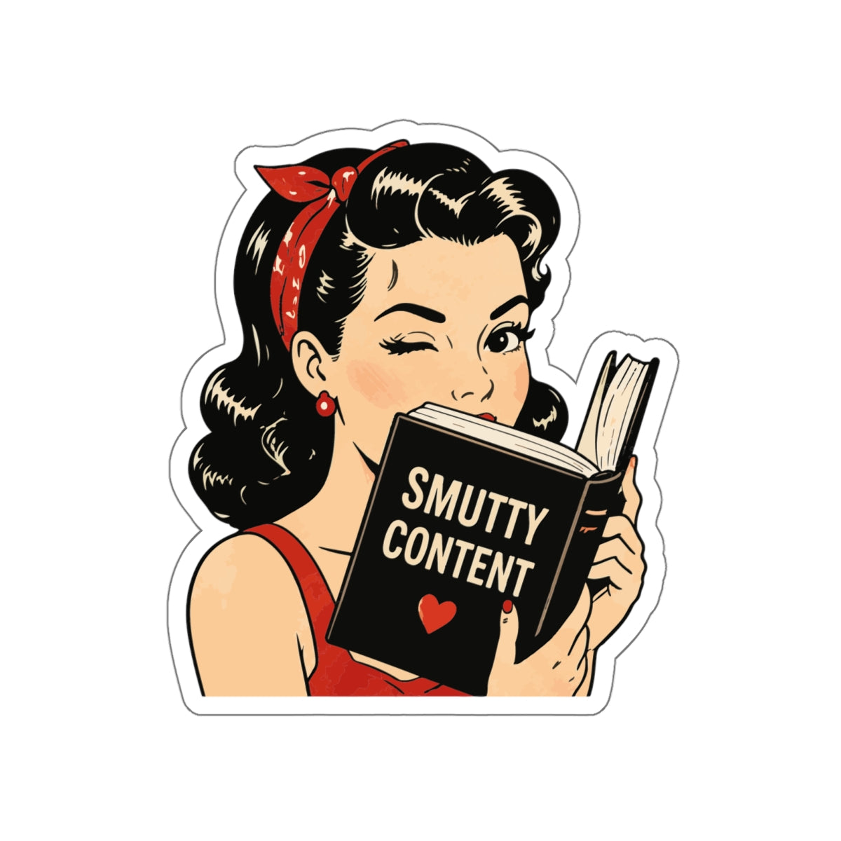 Die-Cut Sticker — Retro Pin-up Girl Reading “Smutty Content” (Vintage Sassy Booksticker)