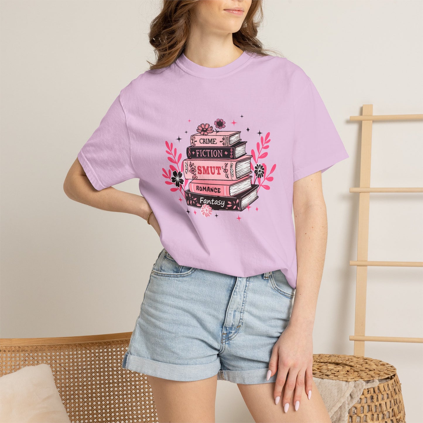 Book Stack Graphic T-Shirt — Cute Floral Reading Shirt (Crime, Fiction, Smut, Romance)