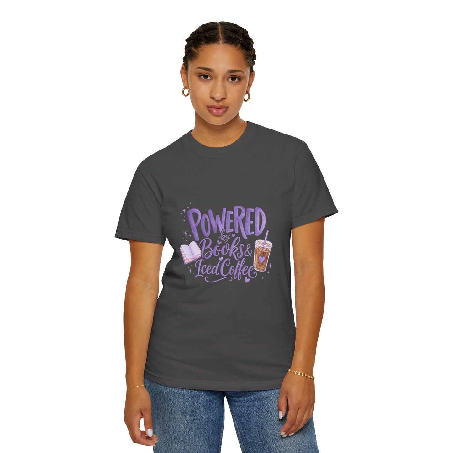 Book Lover T‑Shirt — "Powered by Books & Iced Coffee" Graphic Tee