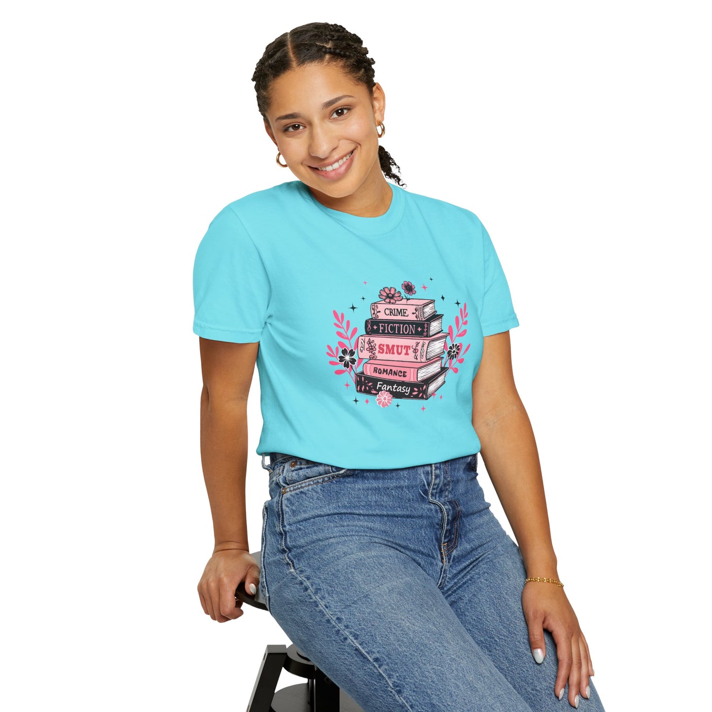 Book Stack Graphic T-Shirt — Cute Floral Reading Shirt (Crime, Fiction, Smut, Romance)