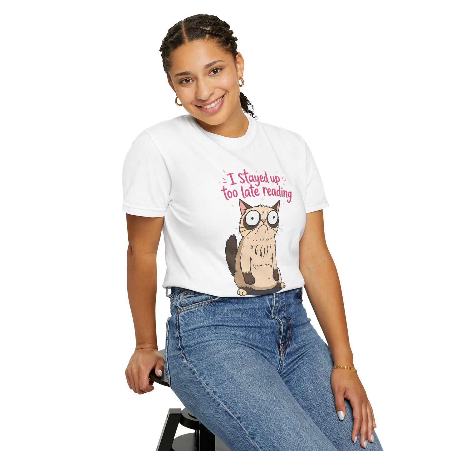 "I Stayed Up Too Late Reading" Cat T-Shirt — Cute Book Lover Graphic Tee