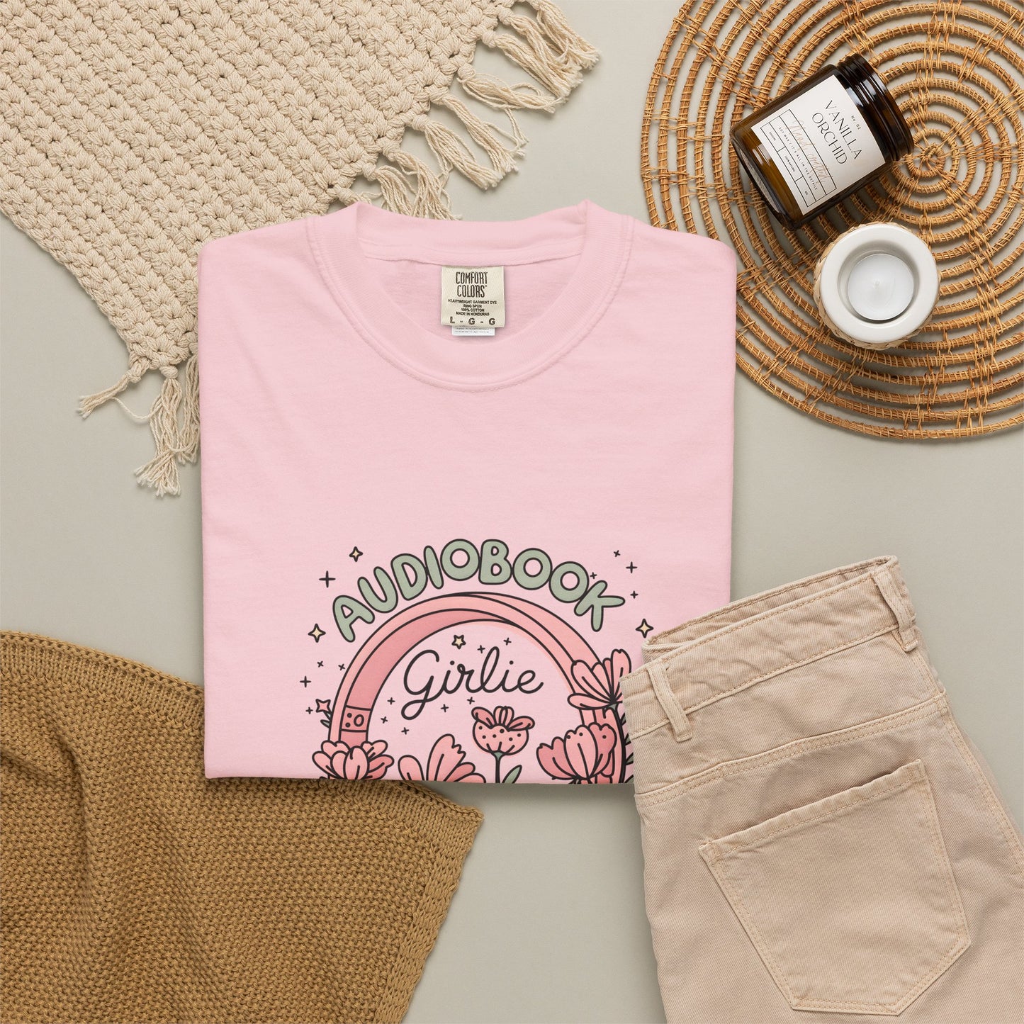 "Audiobook Girlie" T-Shirt — Floral Headphones Graphic Tee