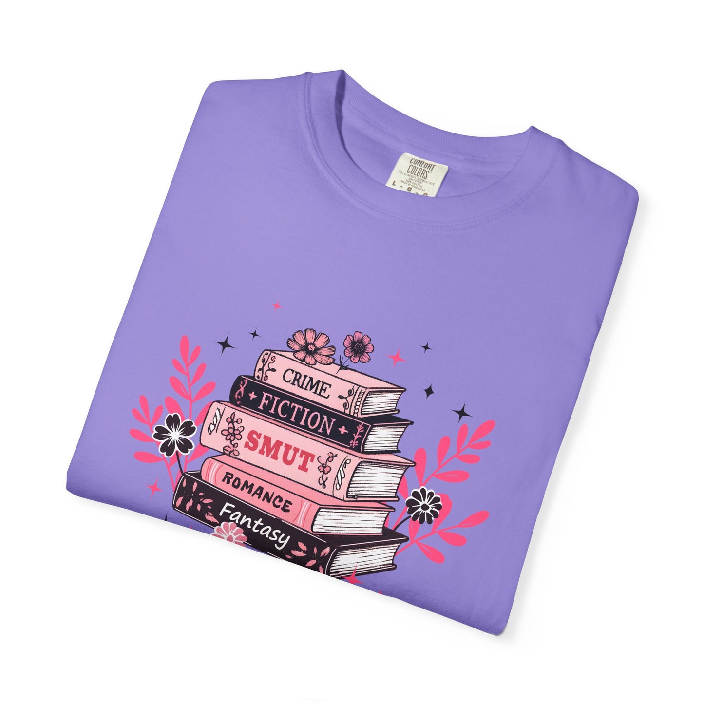 Book Stack Graphic T-Shirt — Cute Floral Reading Shirt (Crime, Fiction, Smut, Romance)