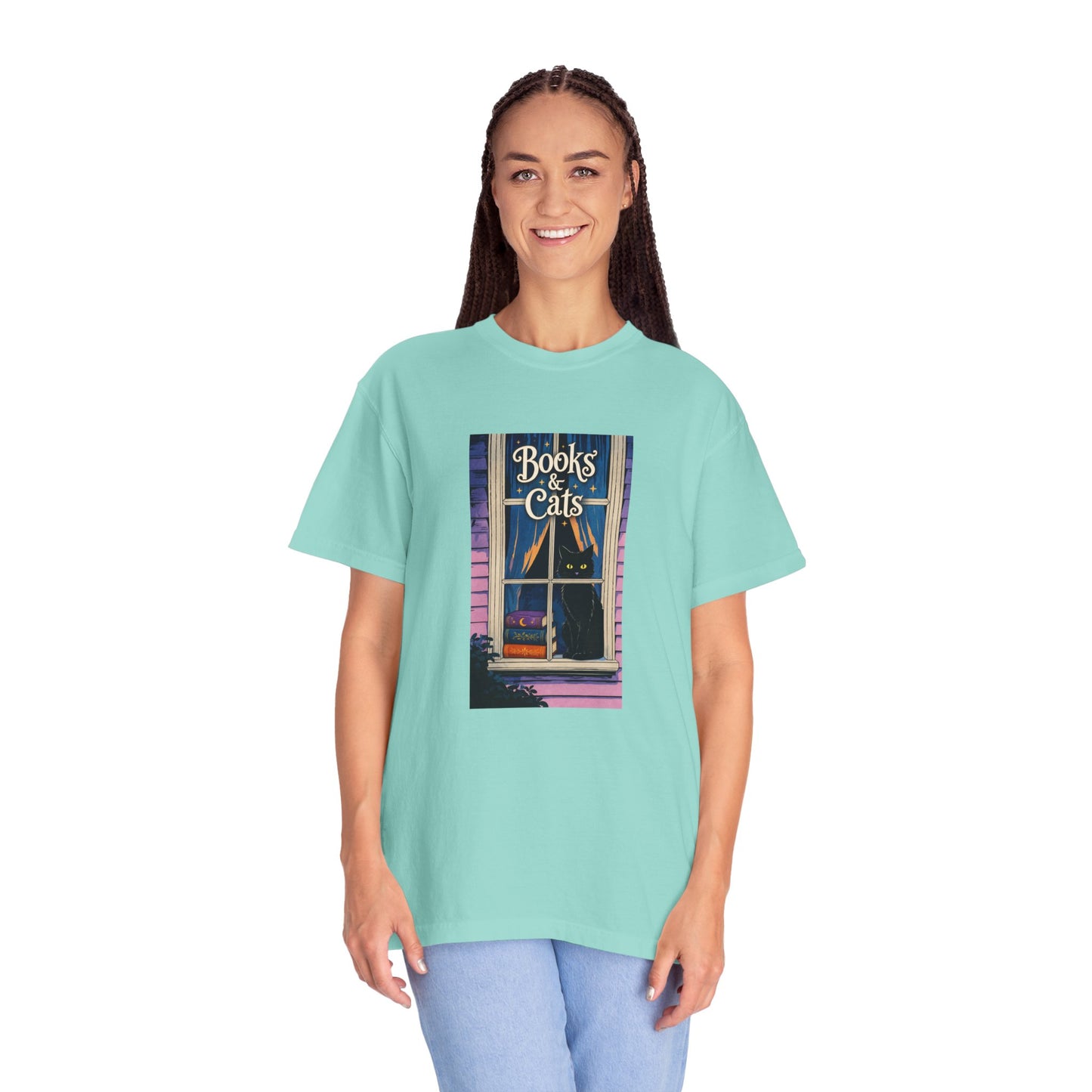 "Books & Cats" T-Shirt — Cozy Bookshop Window Graphic Tee