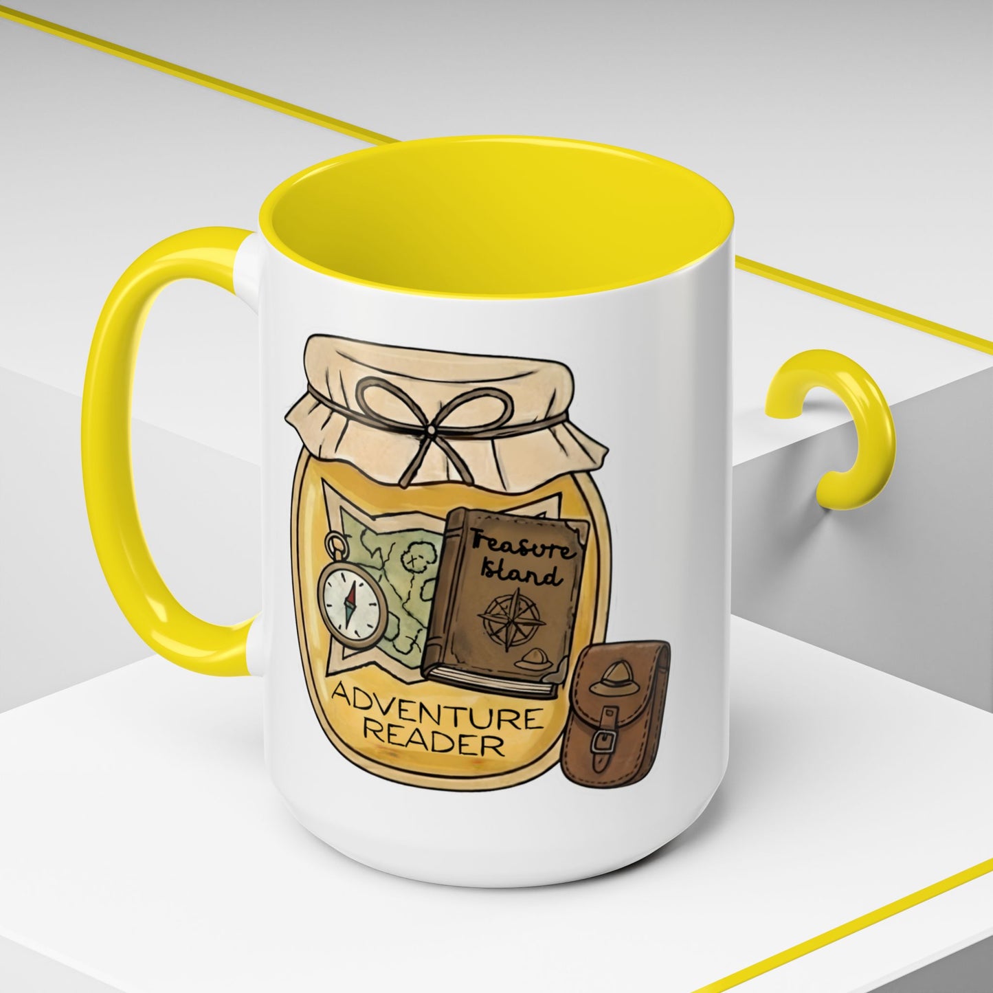 "Adventure Reader" Accent Coffee Mug — Bookish Travel Compass & Treasure Jam Jar Design