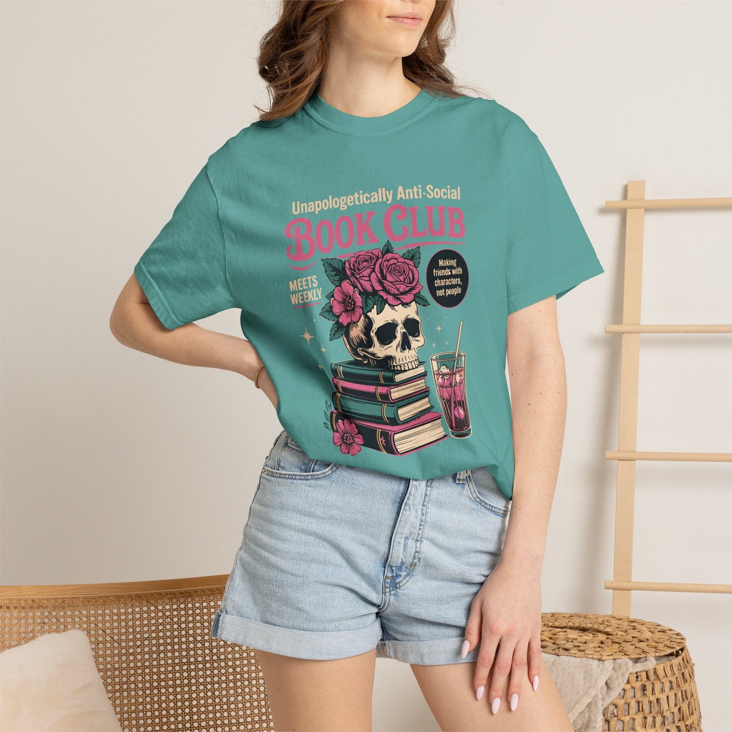 "Unapologetically Anti-Social Book Club" T-Shirt — Skull & Books Graphic Tee for Avid Readers