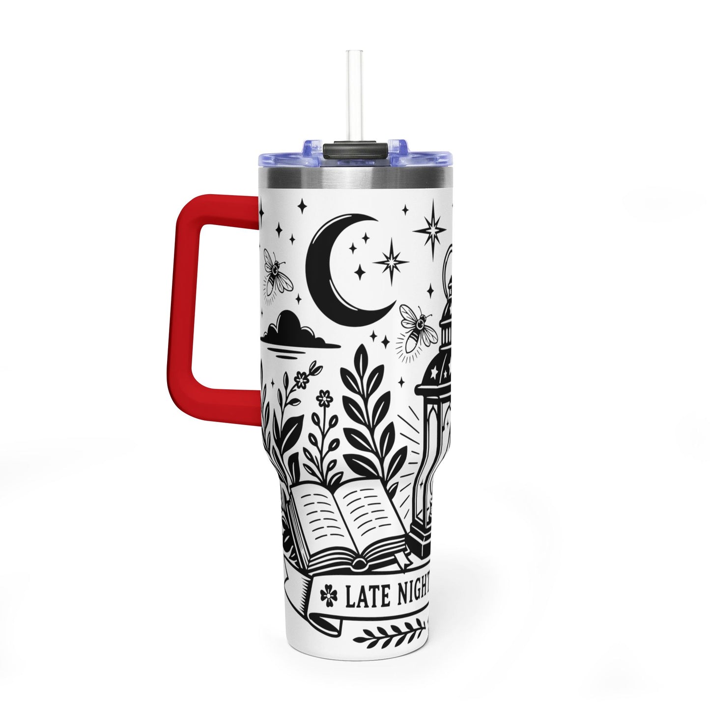40oz Vacuum Tumbler — "Late Night Reading Club" Lantern & Moon Book Lover Travel Mug