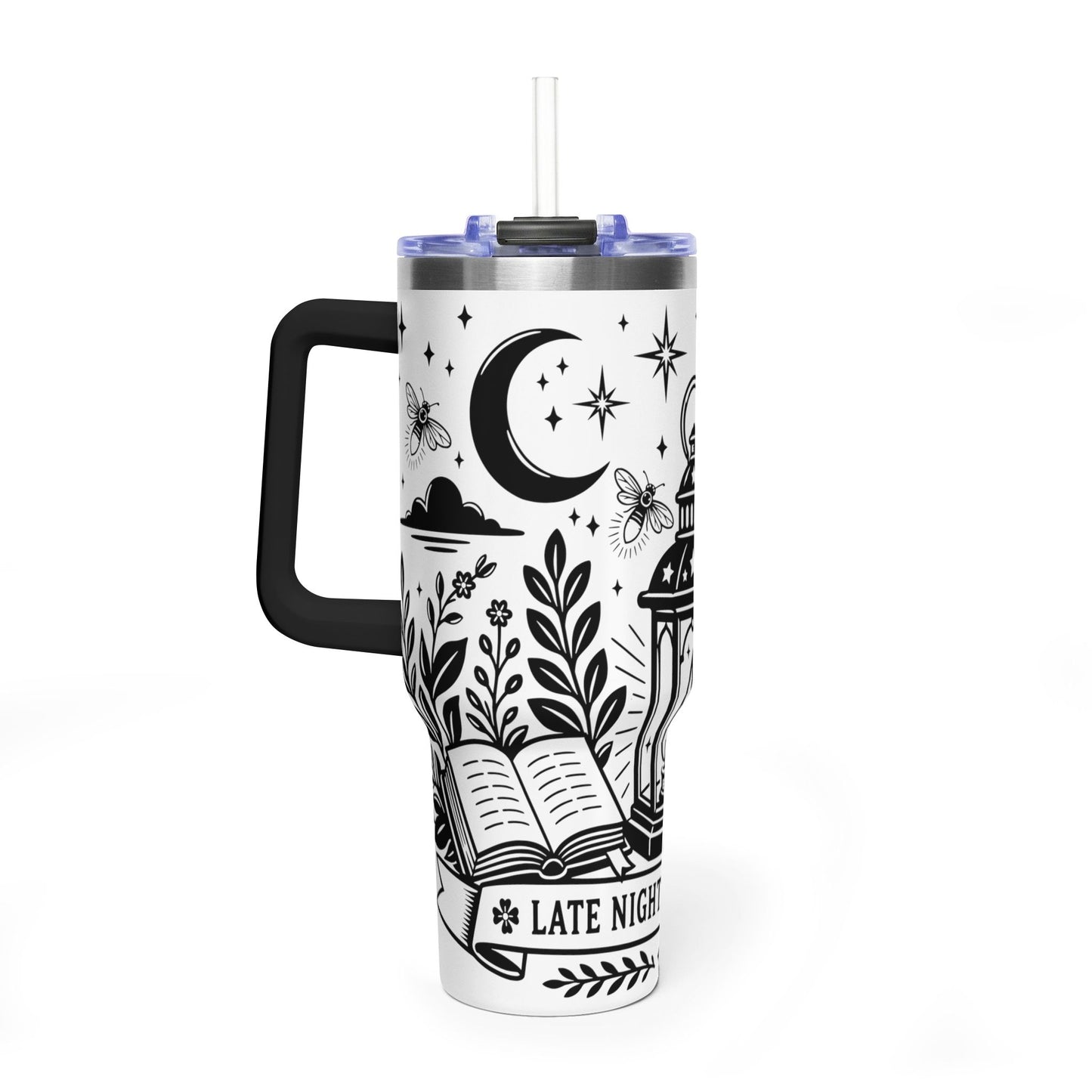 40oz Vacuum Tumbler — "Late Night Reading Club" Lantern & Moon Book Lover Travel Mug