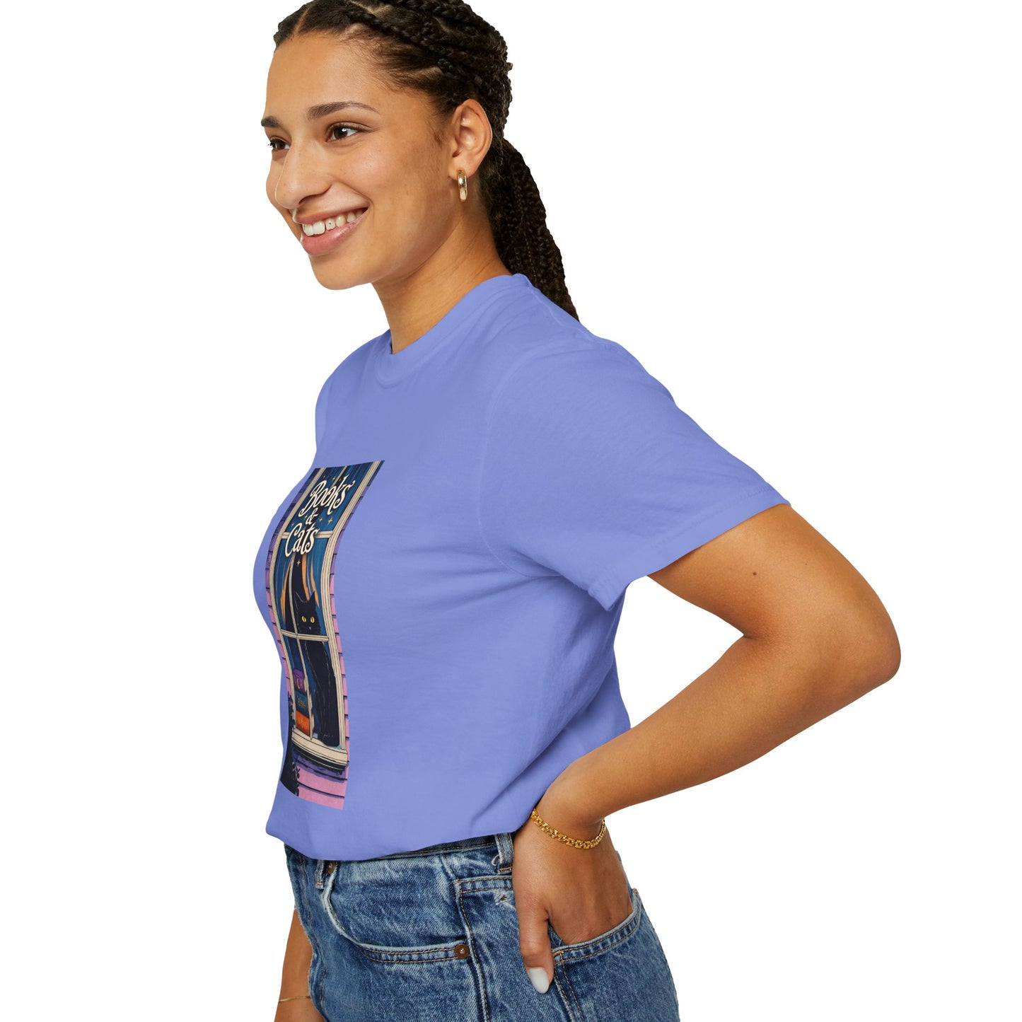 "Books & Cats" T-Shirt — Cozy Bookshop Window Graphic Tee