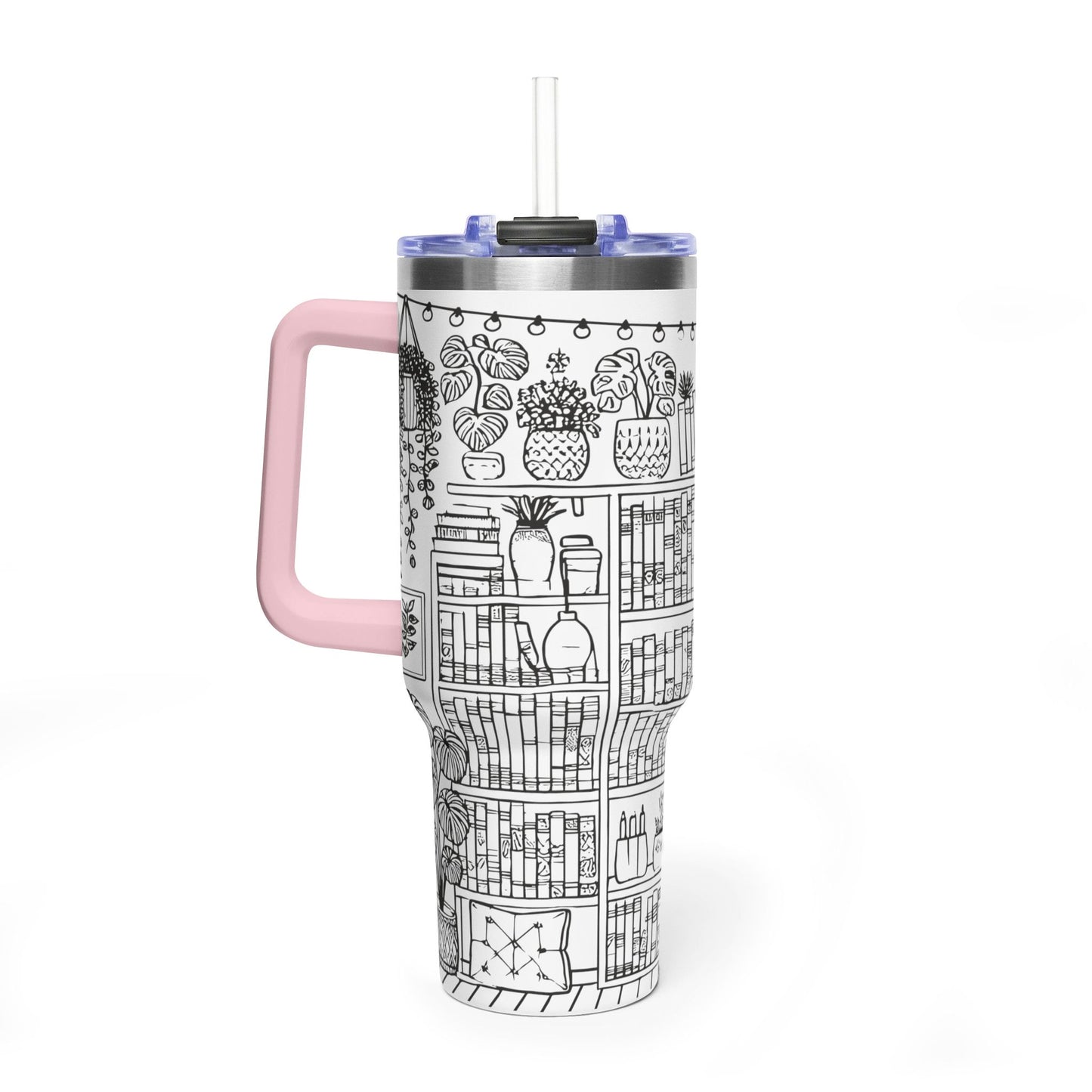 40oz Booklover Vacuum Tumbler – Illustrated Bookshelf Design