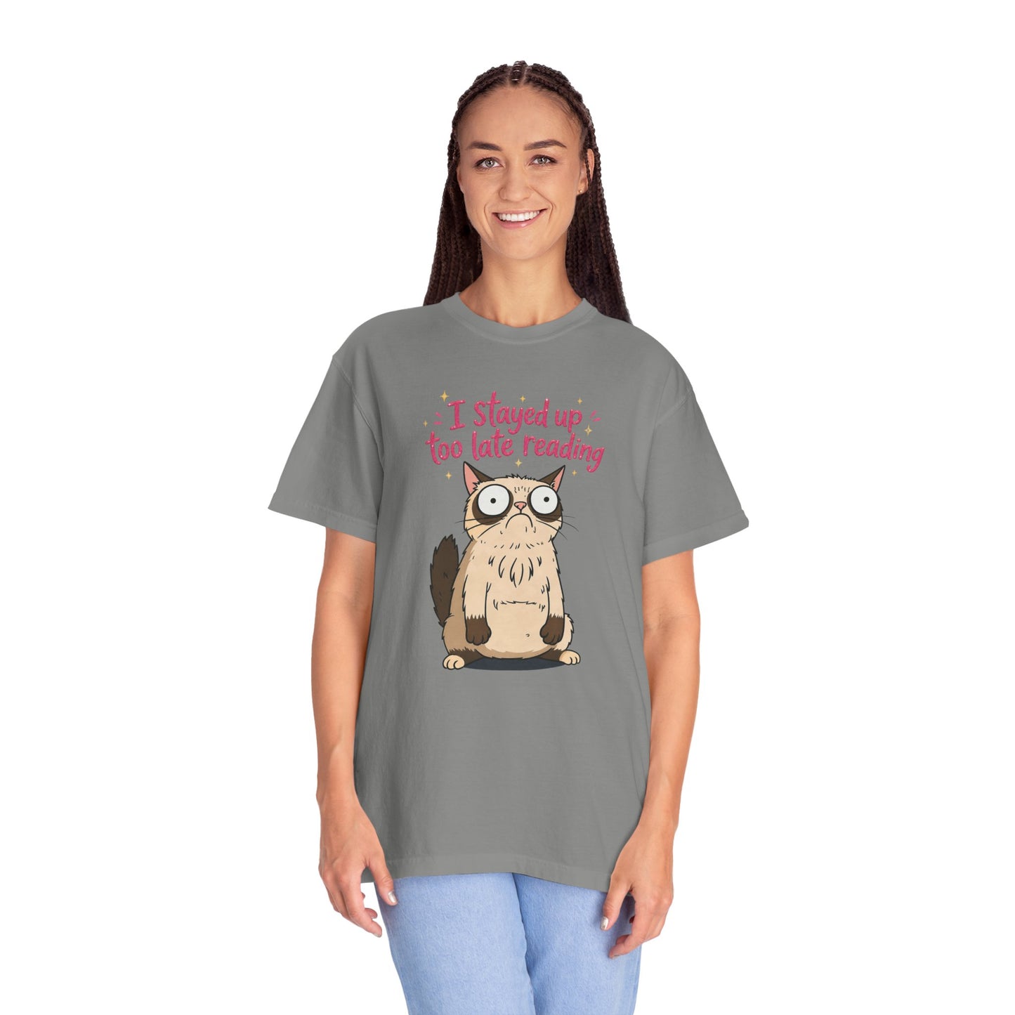 "I Stayed Up Too Late Reading" Cat T-Shirt — Cute Book Lover Graphic Tee