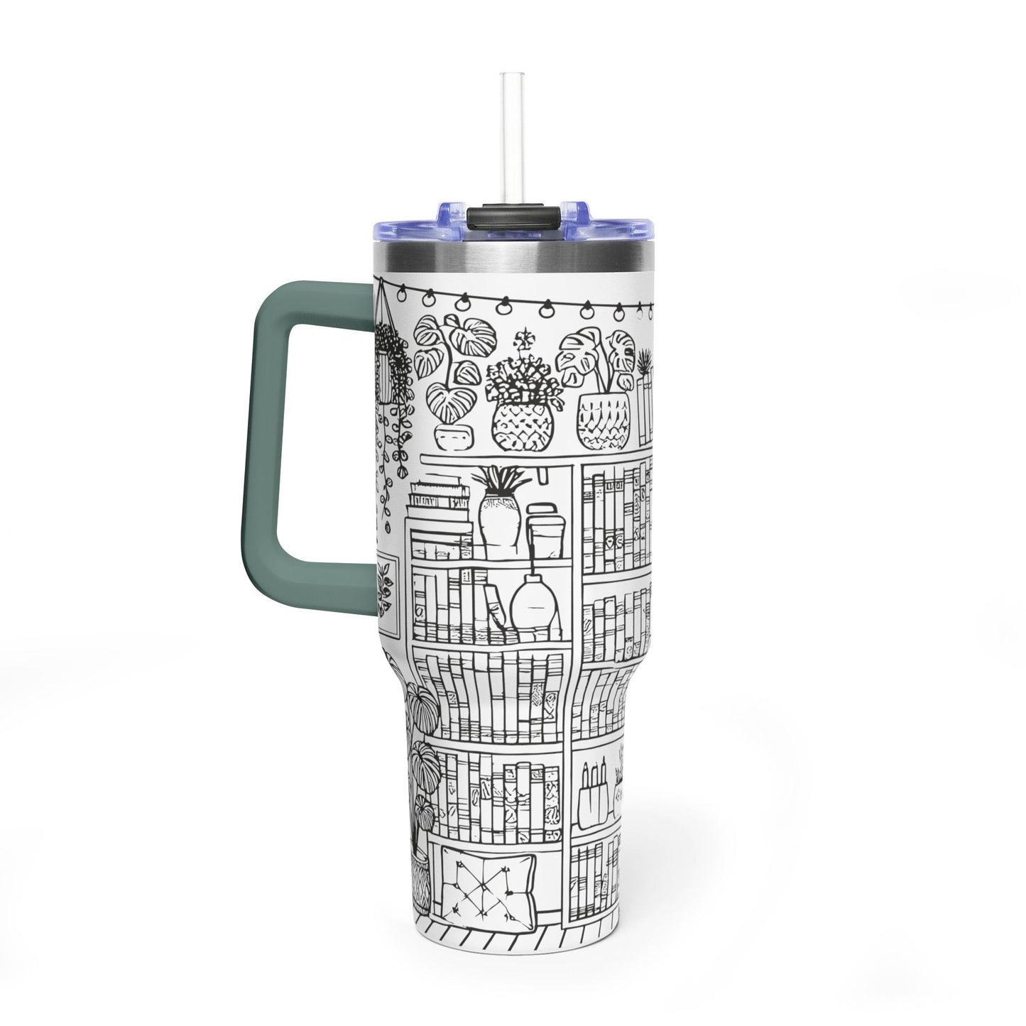 40oz Booklover Vacuum Tumbler – Illustrated Bookshelf Design