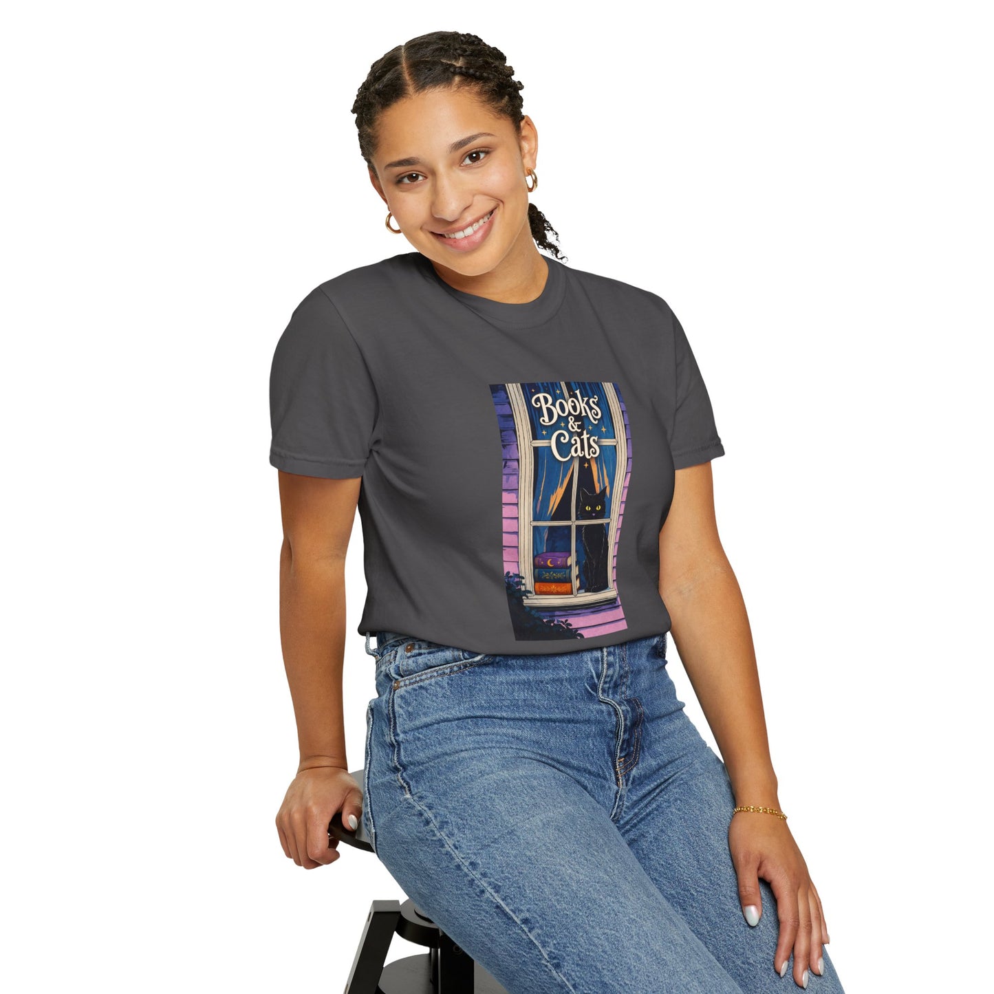 "Books & Cats" T-Shirt — Cozy Bookshop Window Graphic Tee