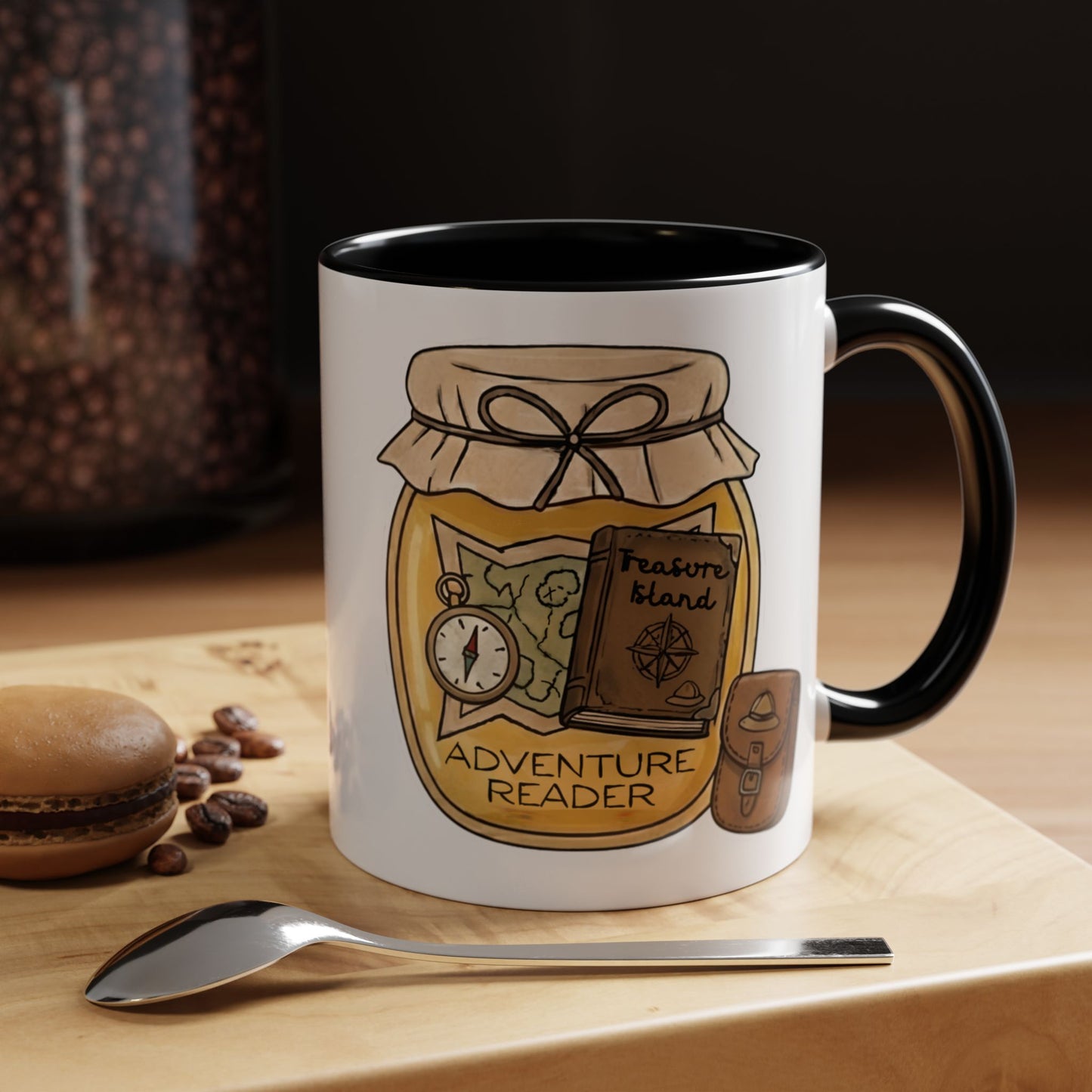 "Adventure Reader" Accent Coffee Mug — Bookish Travel Compass & Treasure Jam Jar Design