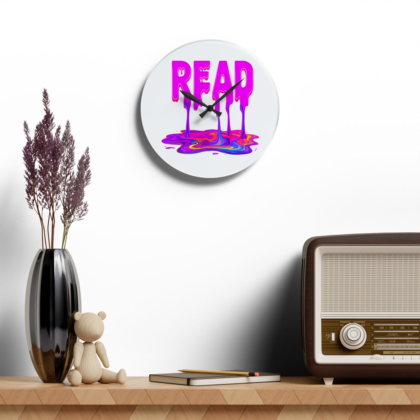 Acrylic Wall Clock — "READ" Drippy Neon Melt Art Clock for Book Lovers