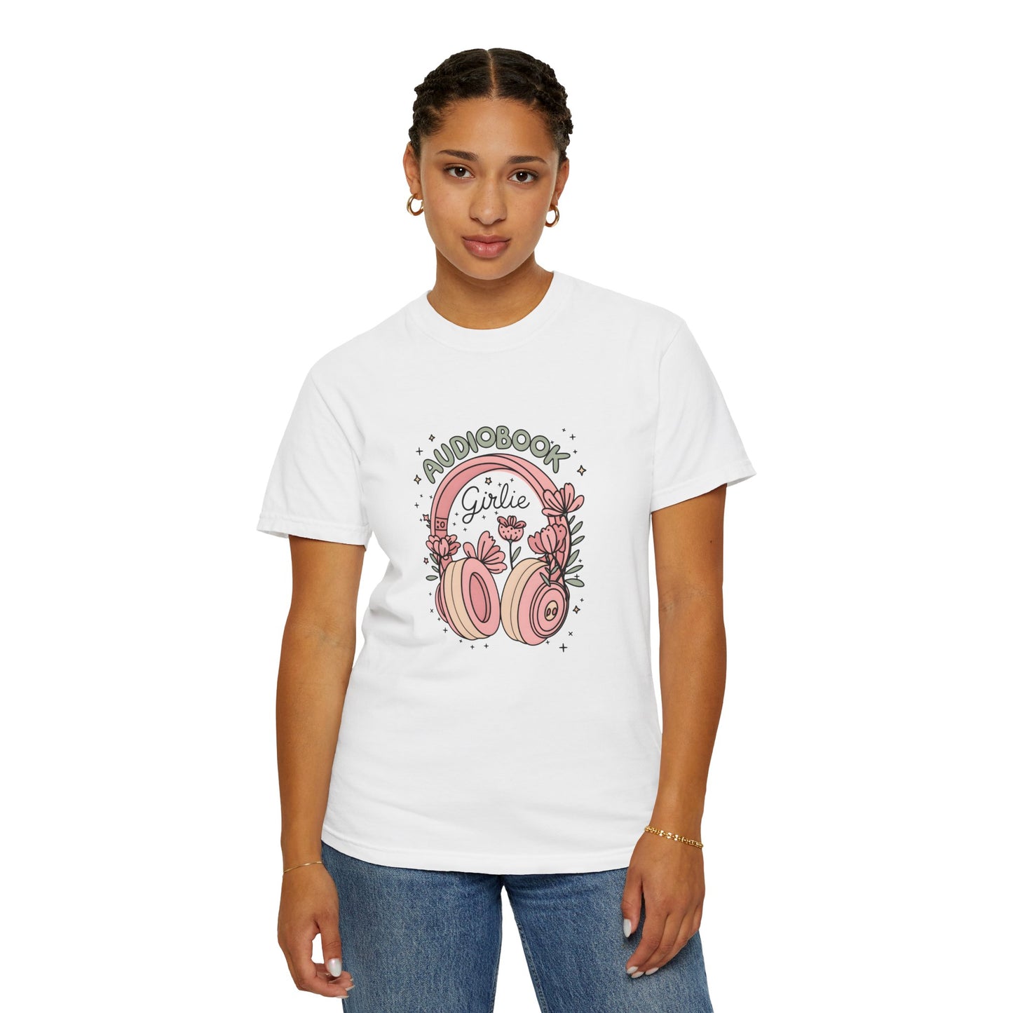 "Audiobook Girlie" T-Shirt — Floral Headphones Graphic Tee