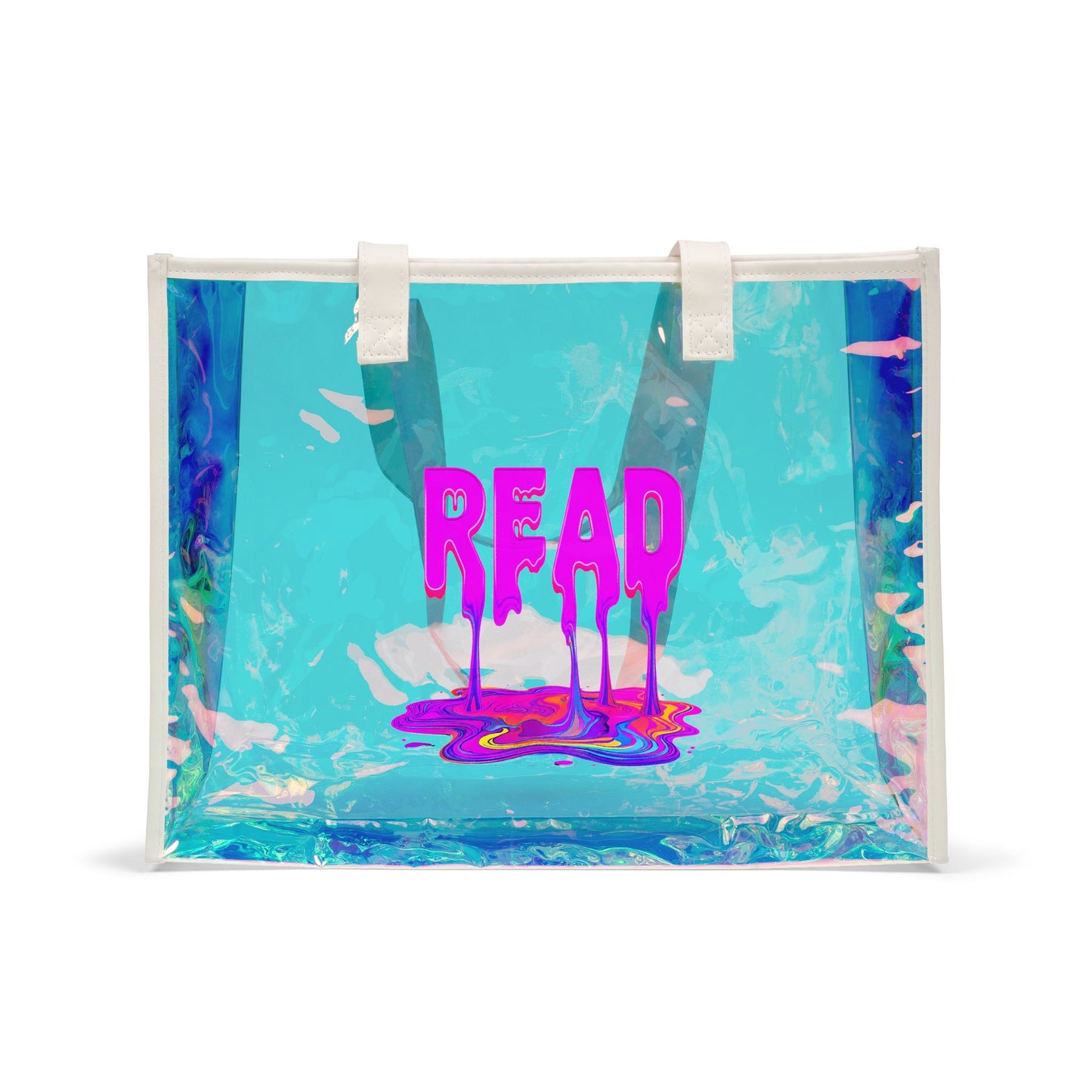 Holographic Bookish Beach Tote Bag — Iridescent 'READ' Clear Fashion Tote