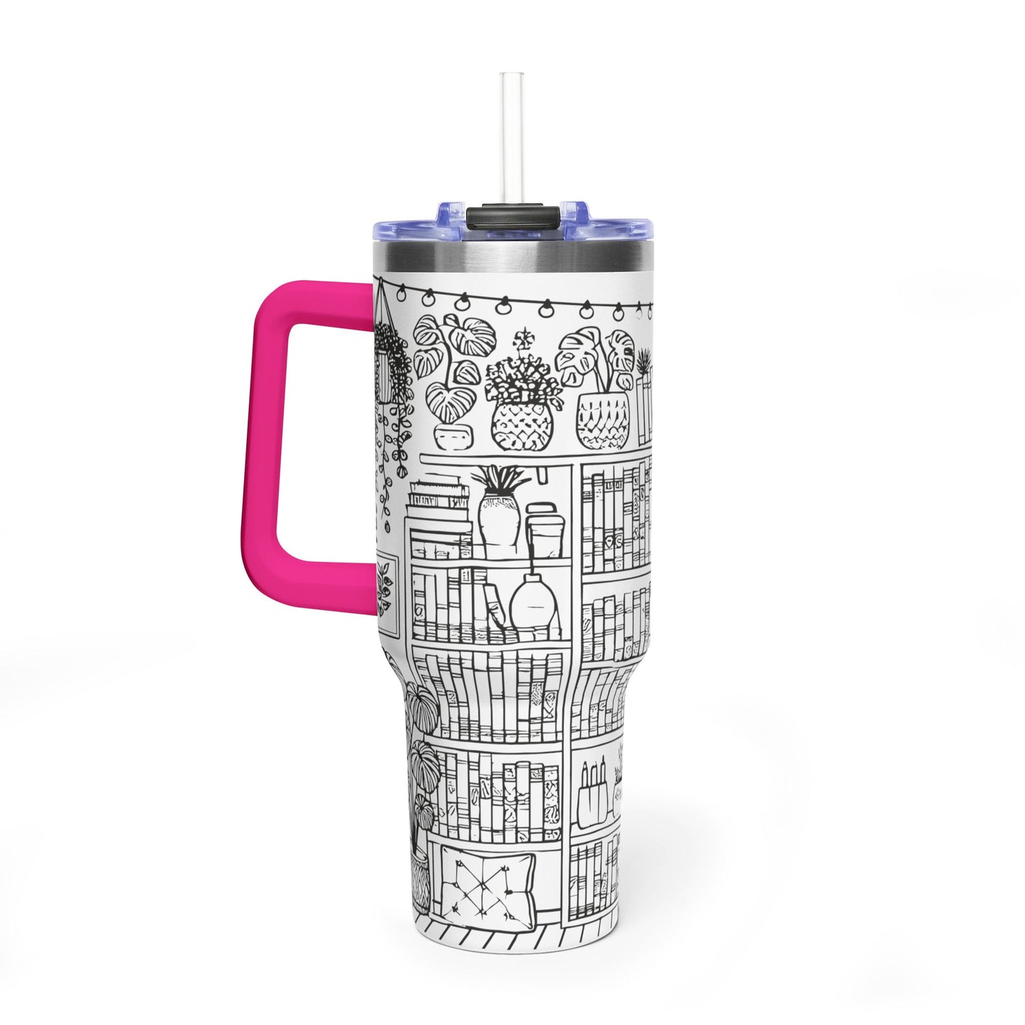 40oz Booklover Vacuum Tumbler – Illustrated Bookshelf Design
