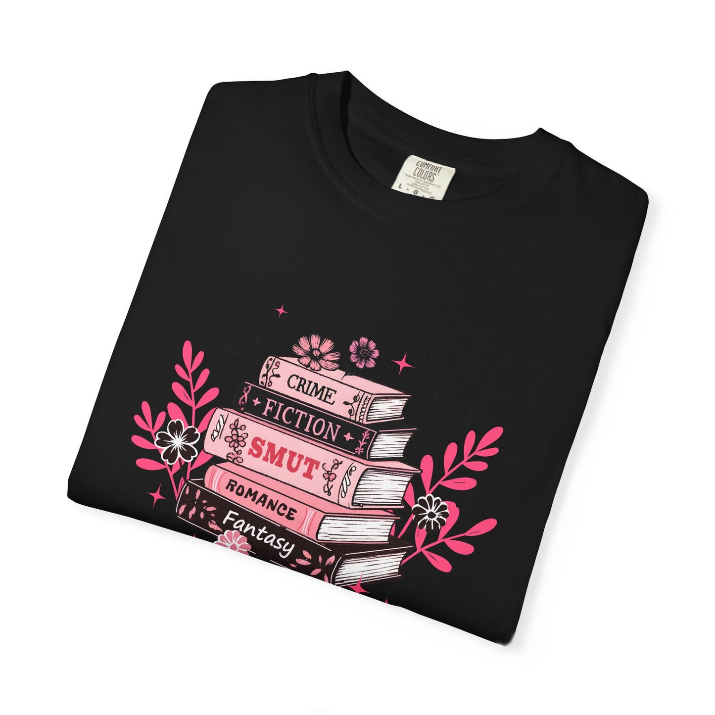 Book Stack Graphic T-Shirt — Cute Floral Reading Shirt (Crime, Fiction, Smut, Romance)