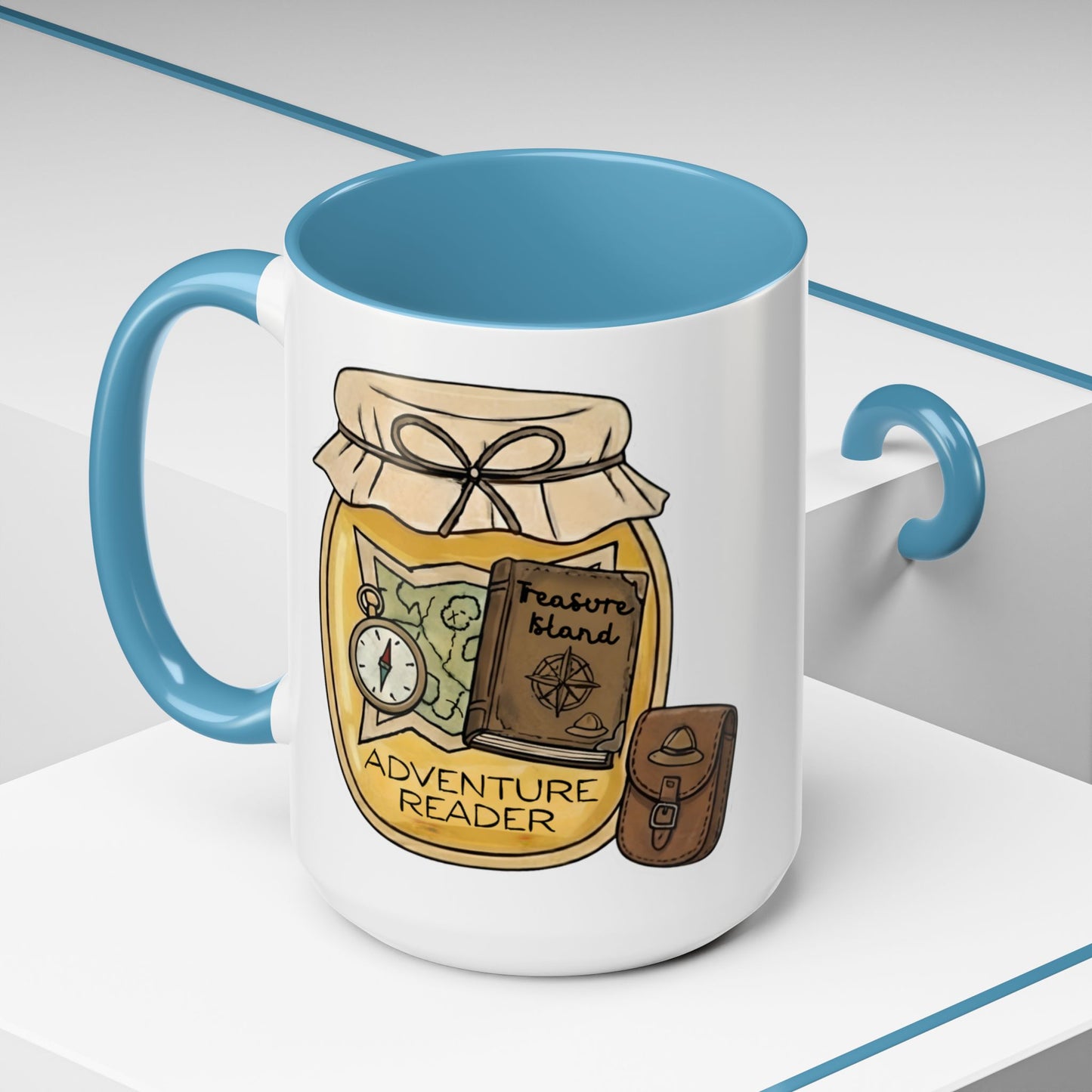 "Adventure Reader" Accent Coffee Mug — Bookish Travel Compass & Treasure Jam Jar Design
