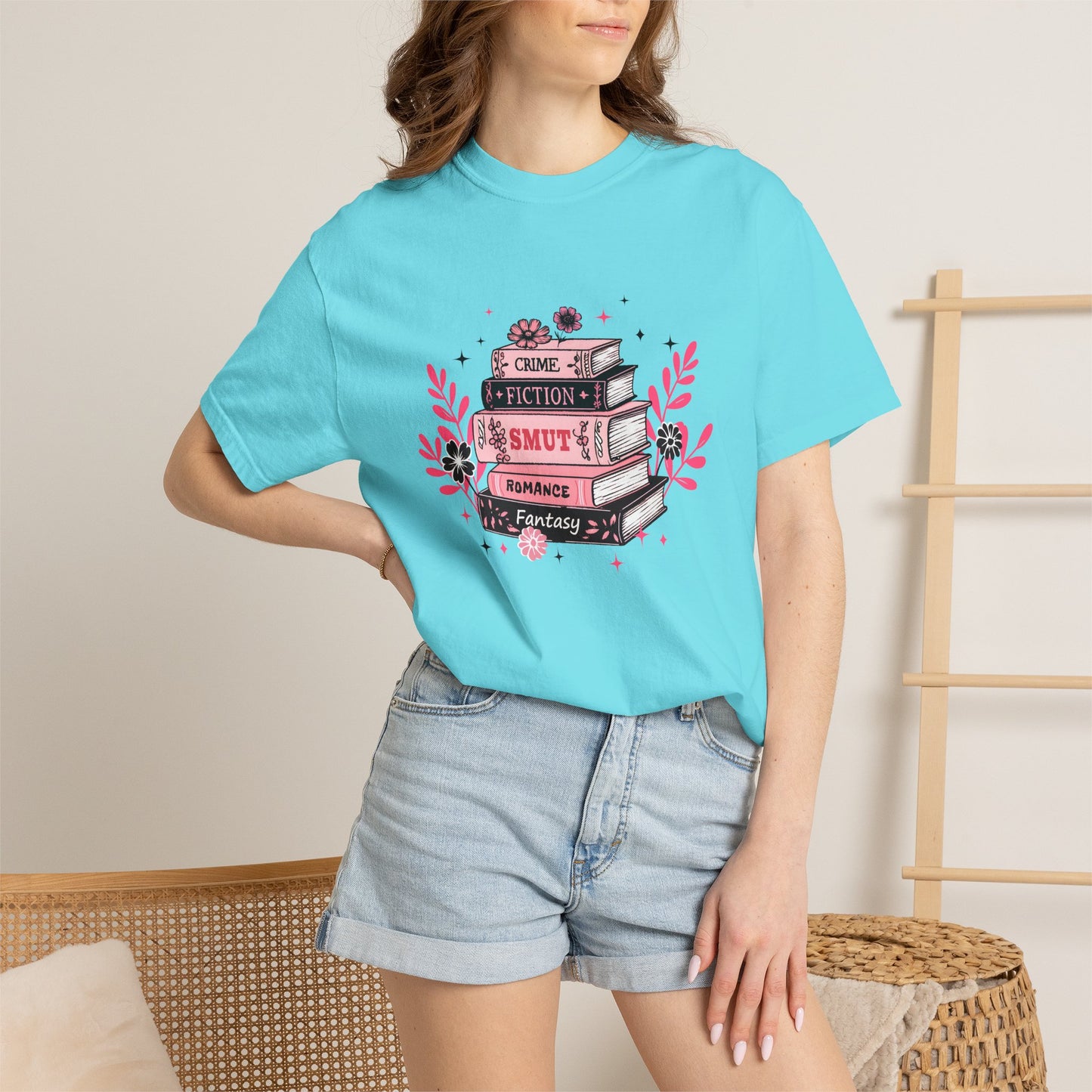Book Stack Graphic T-Shirt — Cute Floral Reading Shirt (Crime, Fiction, Smut, Romance)