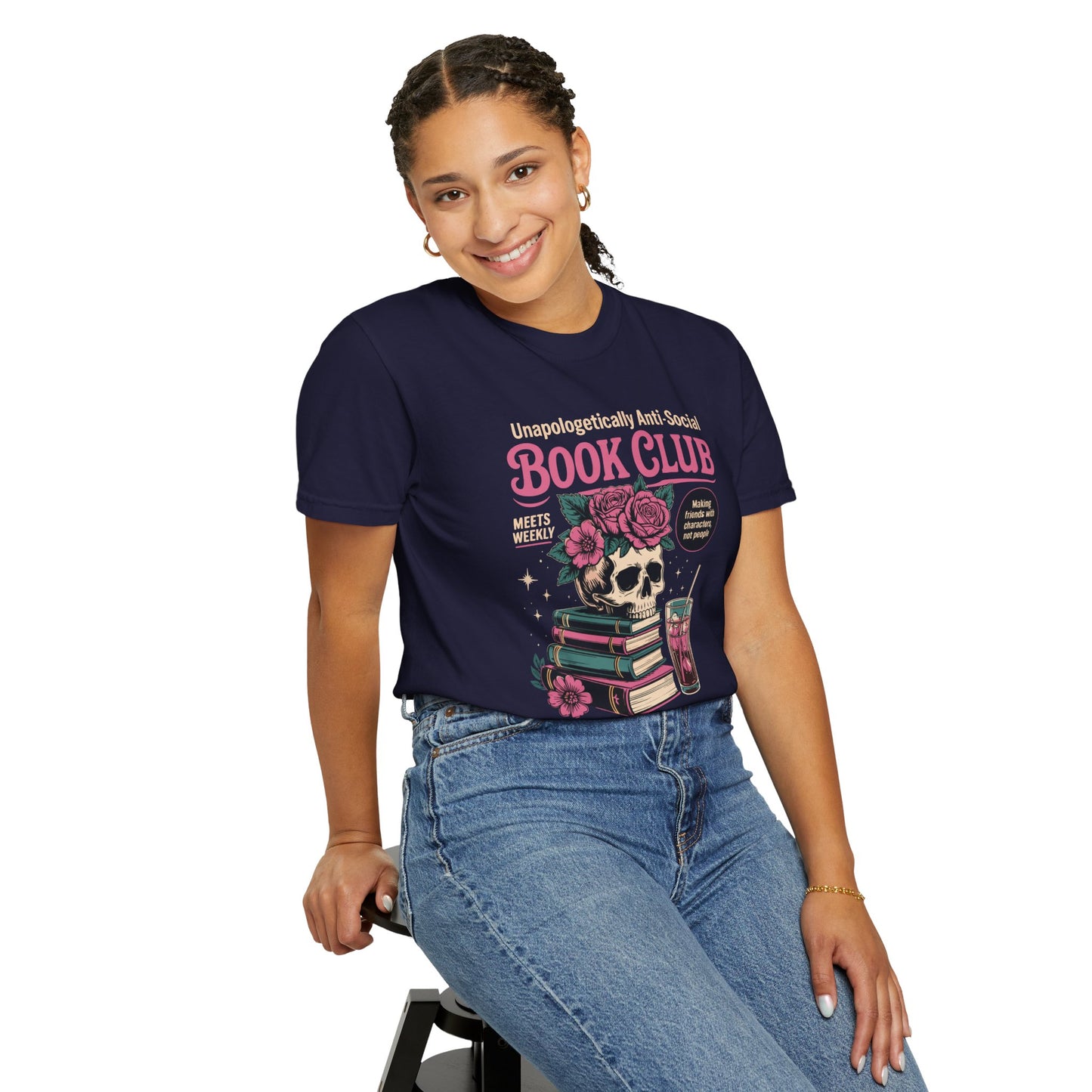 "Unapologetically Anti-Social Book Club" T-Shirt — Skull & Books Graphic Tee for Avid Readers