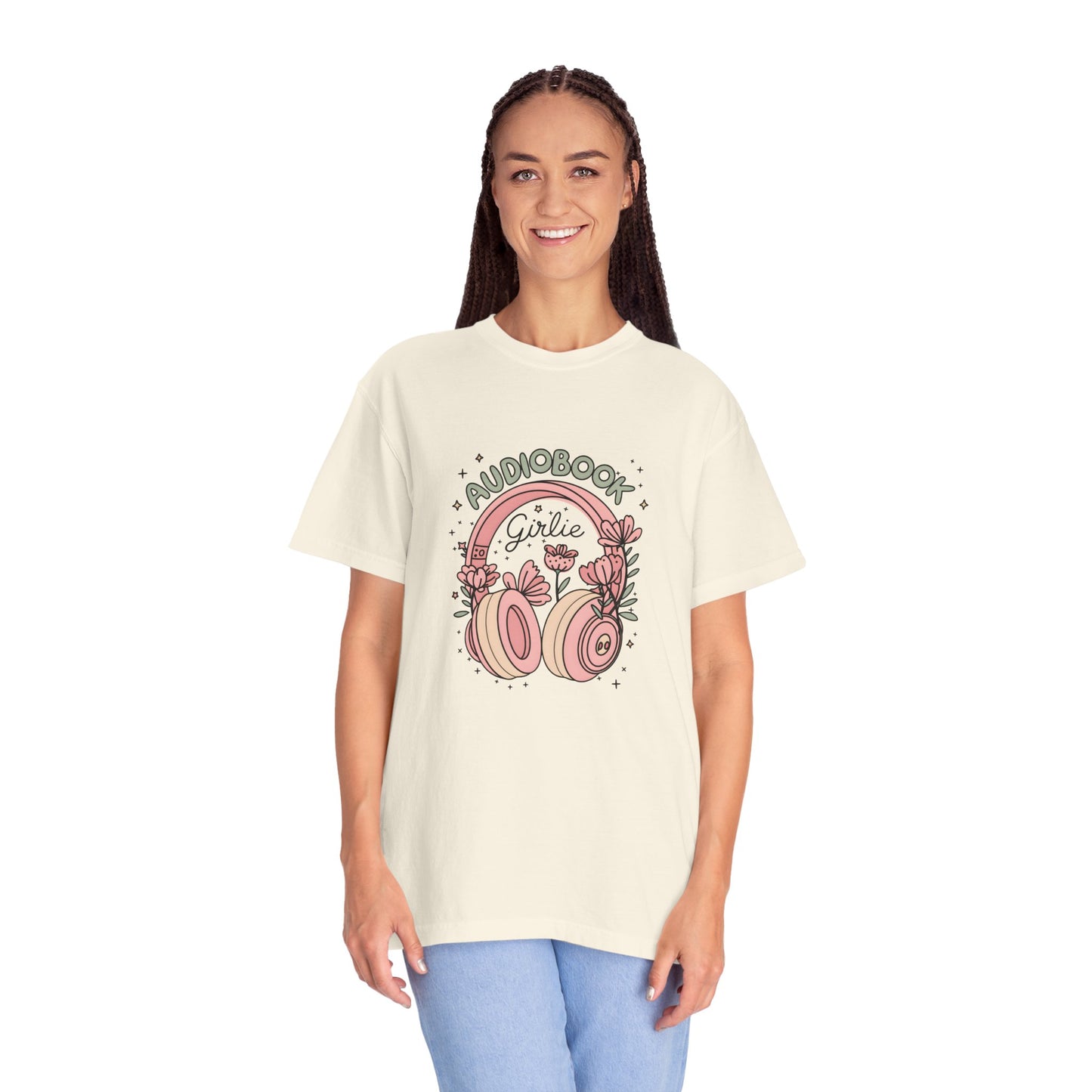 "Audiobook Girlie" T-Shirt — Floral Headphones Graphic Tee