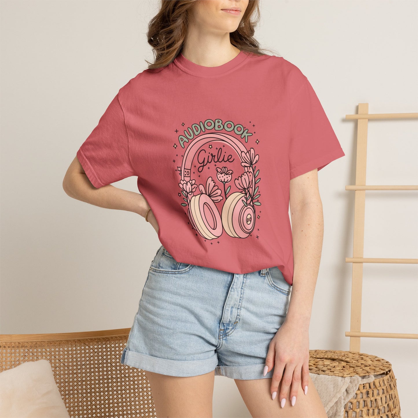 "Audiobook Girlie" T-Shirt — Floral Headphones Graphic Tee