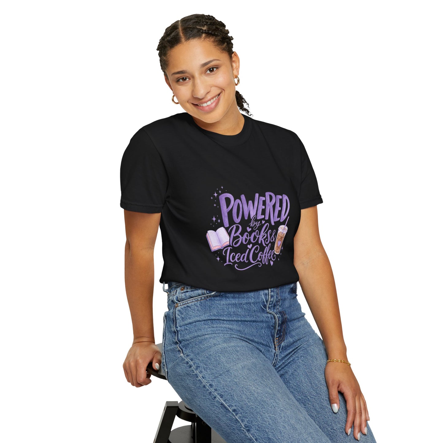 Book Lover T‑Shirt — "Powered by Books & Iced Coffee" Graphic Tee